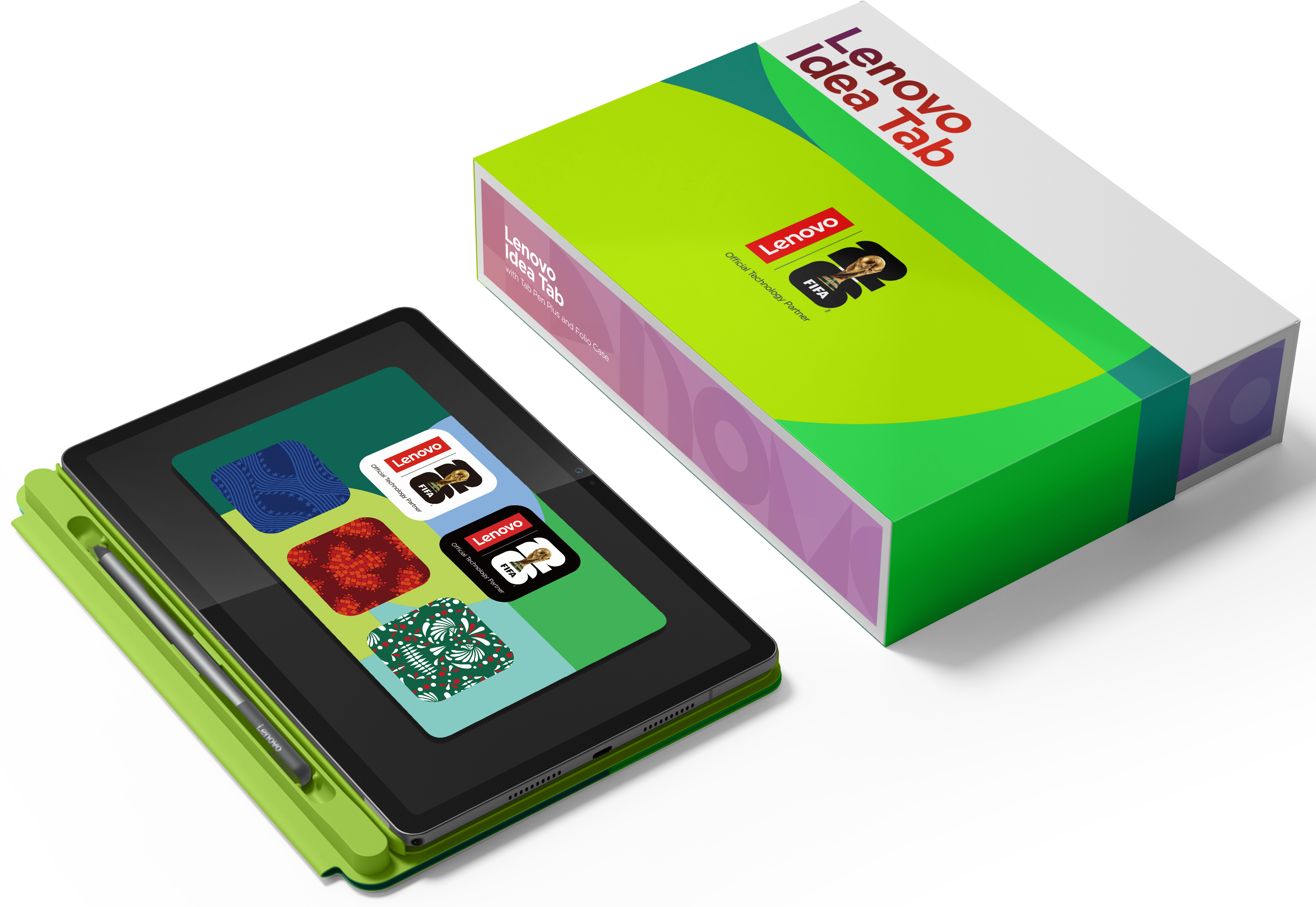 Lenovo Idea Tab tollal és tokkal, zöld FIFA logós doboz mellett.