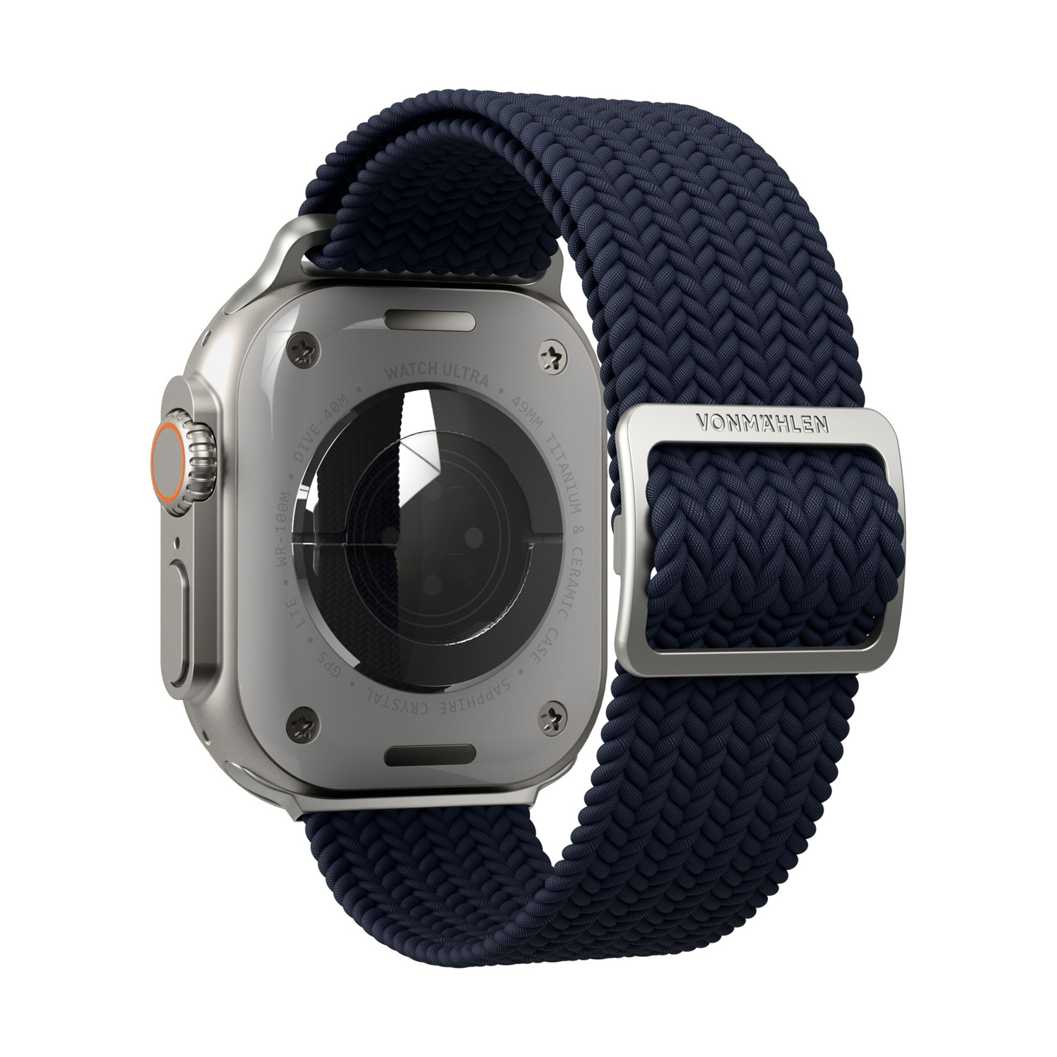 Smartwatch argentato con cinturino intrecciato blu scuro e fibbia argentata.