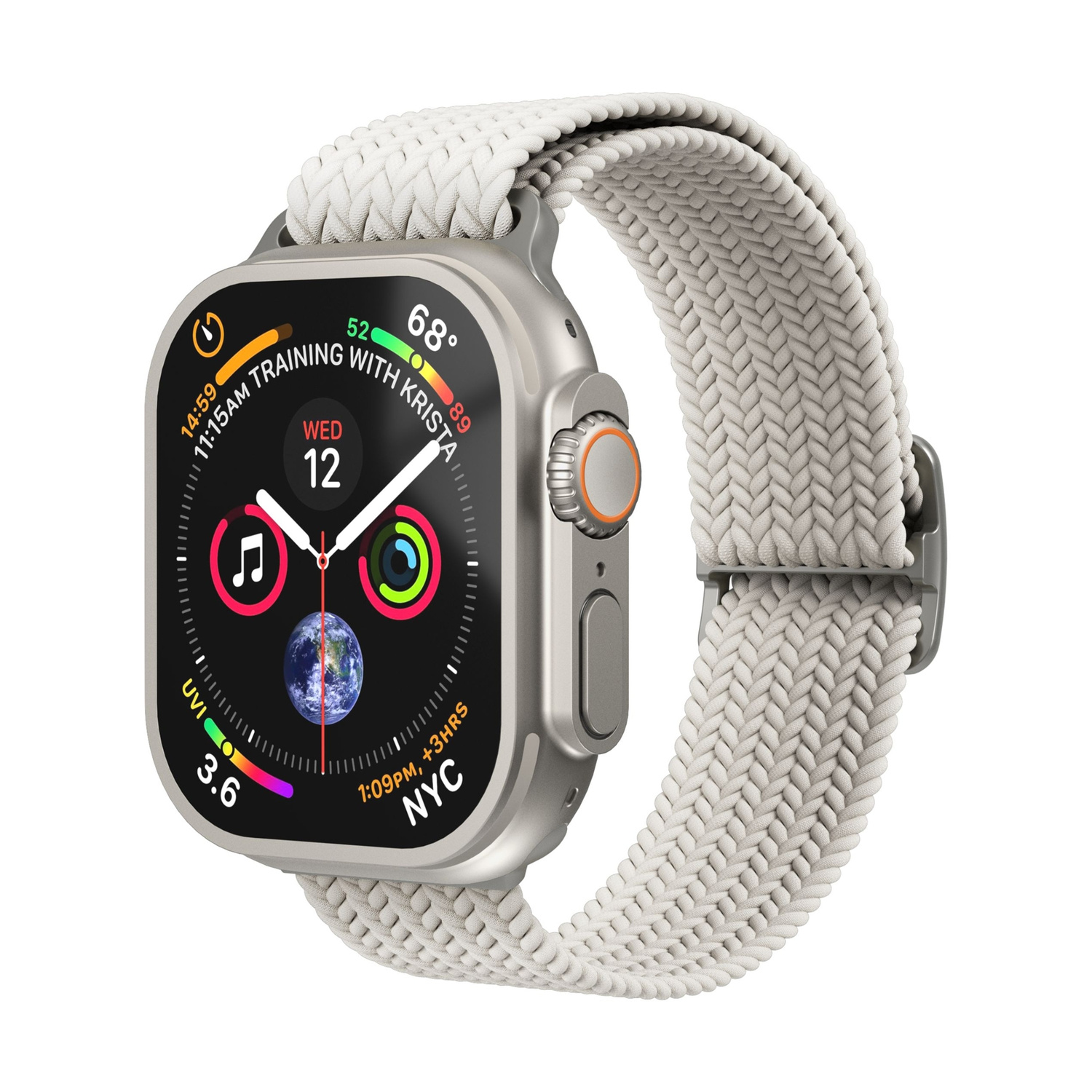 Orologio smart grigio con cinturino intrecciato bianco. Schermo mostra ora, data, meteo e Terra.