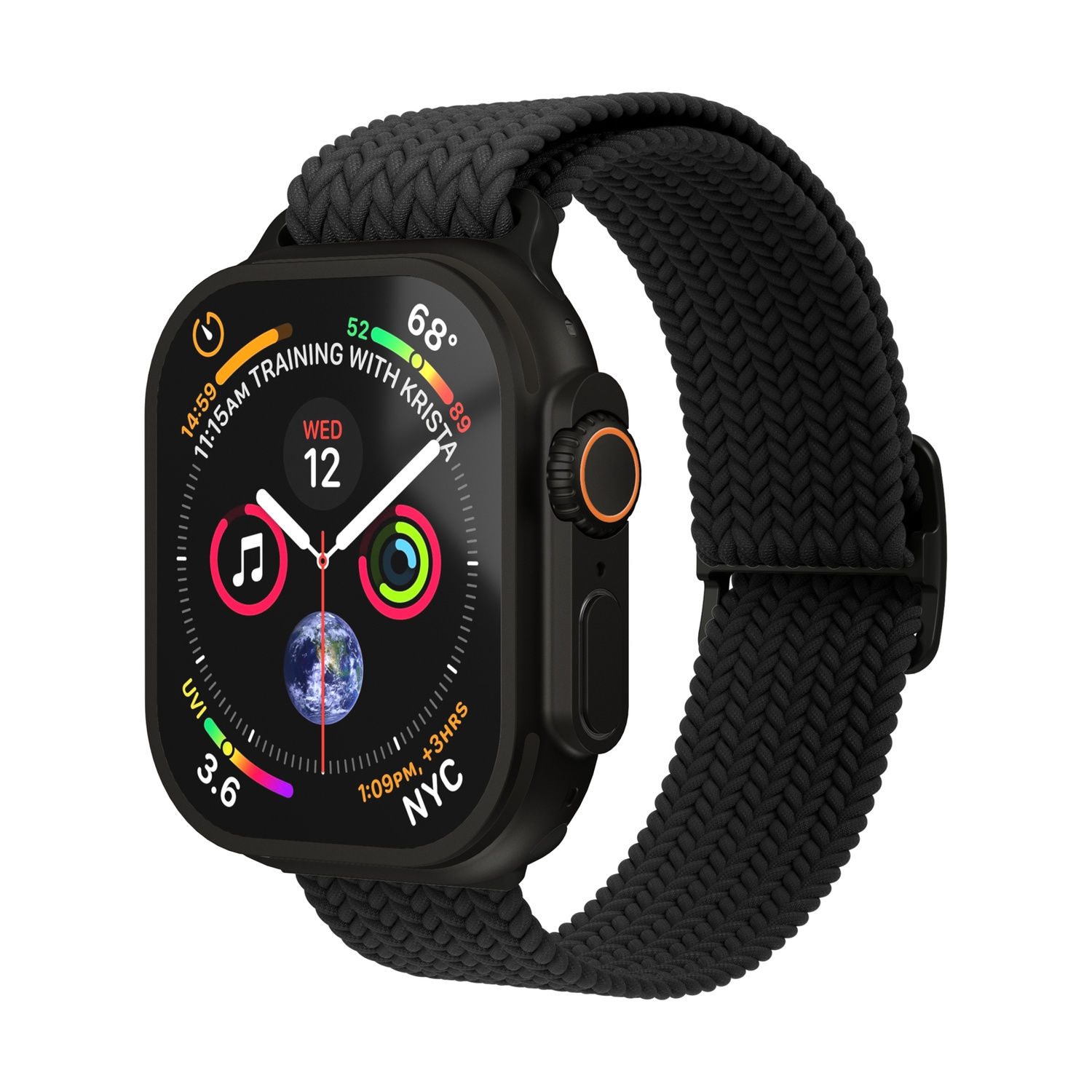 Orologio smart nero con cinturino intrecciato e quadrante dettagliato.