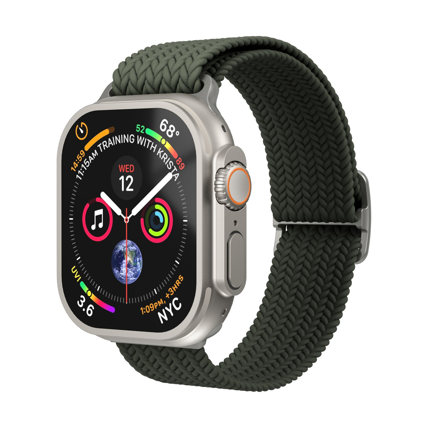 Uno smartwatch grigio con cinturino intrecciato scuro. Lo schermo mostra ora, data e meteo.