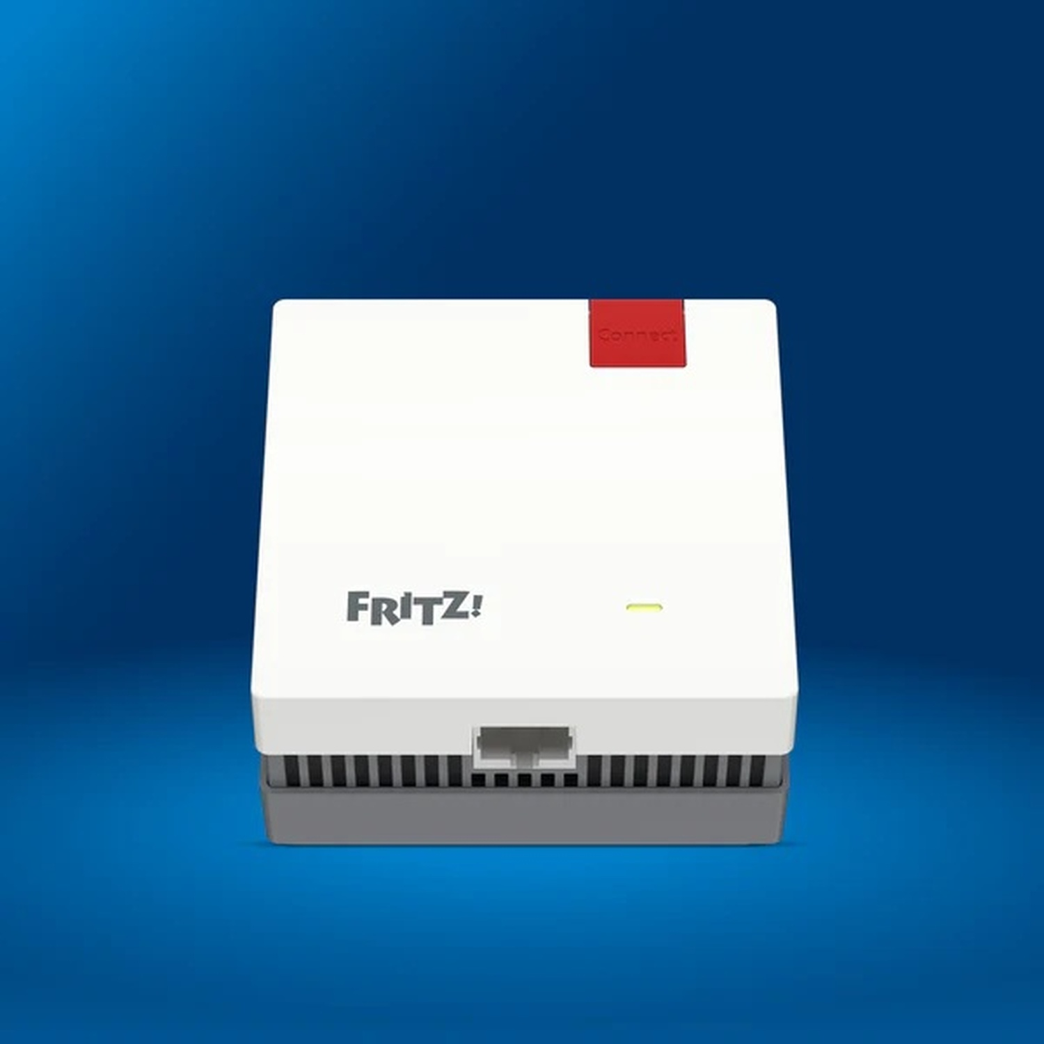A white Fritz!Box repeater with a red 'Connect' button on a blue background.