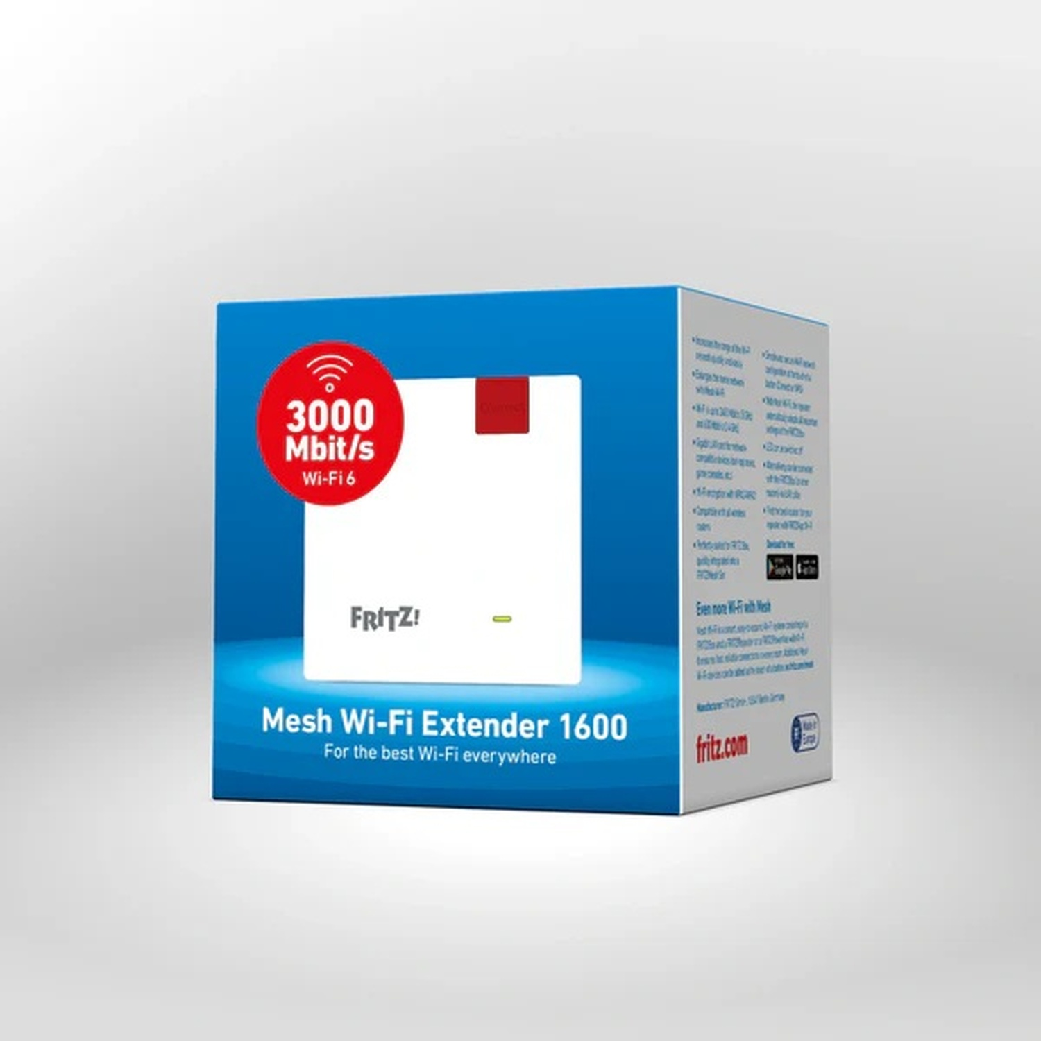 FRITZ! Mesh Wi-Fi Extender 1600 box with 3000 Mbit/s Wi-Fi 6 info.