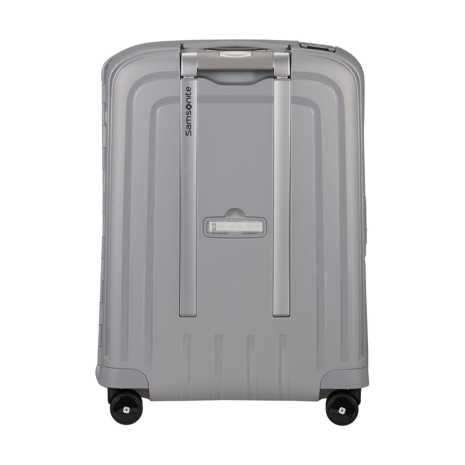 Un trolley Samsonite argentato con ruote e maniglia retrattile.