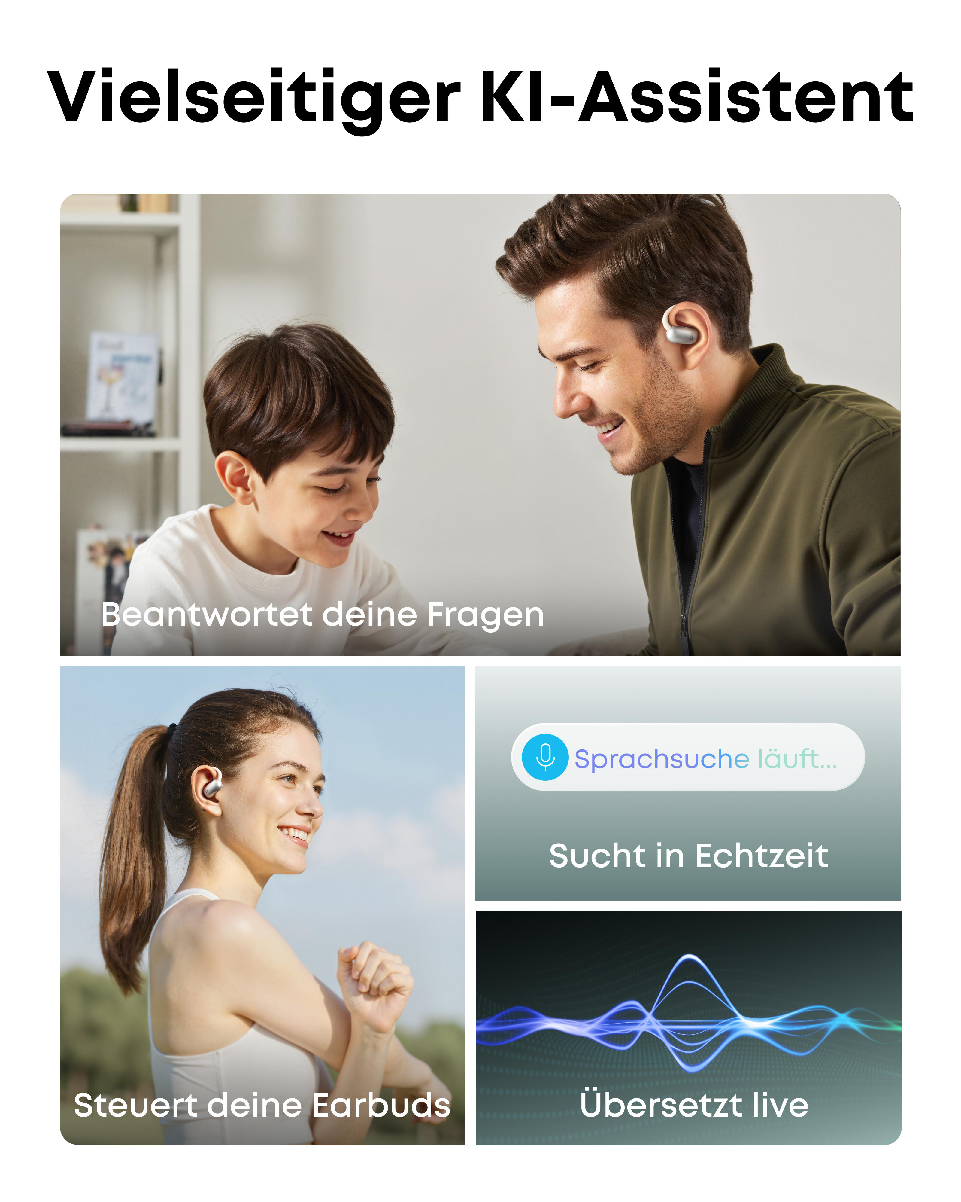 Mann und Junge lächeln, Frau läuft, Sprachsuche und Schallwellen.