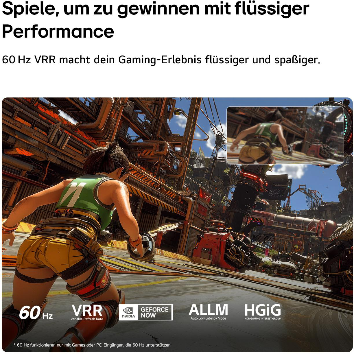 Frau in grüner Weste und gelber Hose in futuristischer Spielewelt mit VRR-Anzeige.