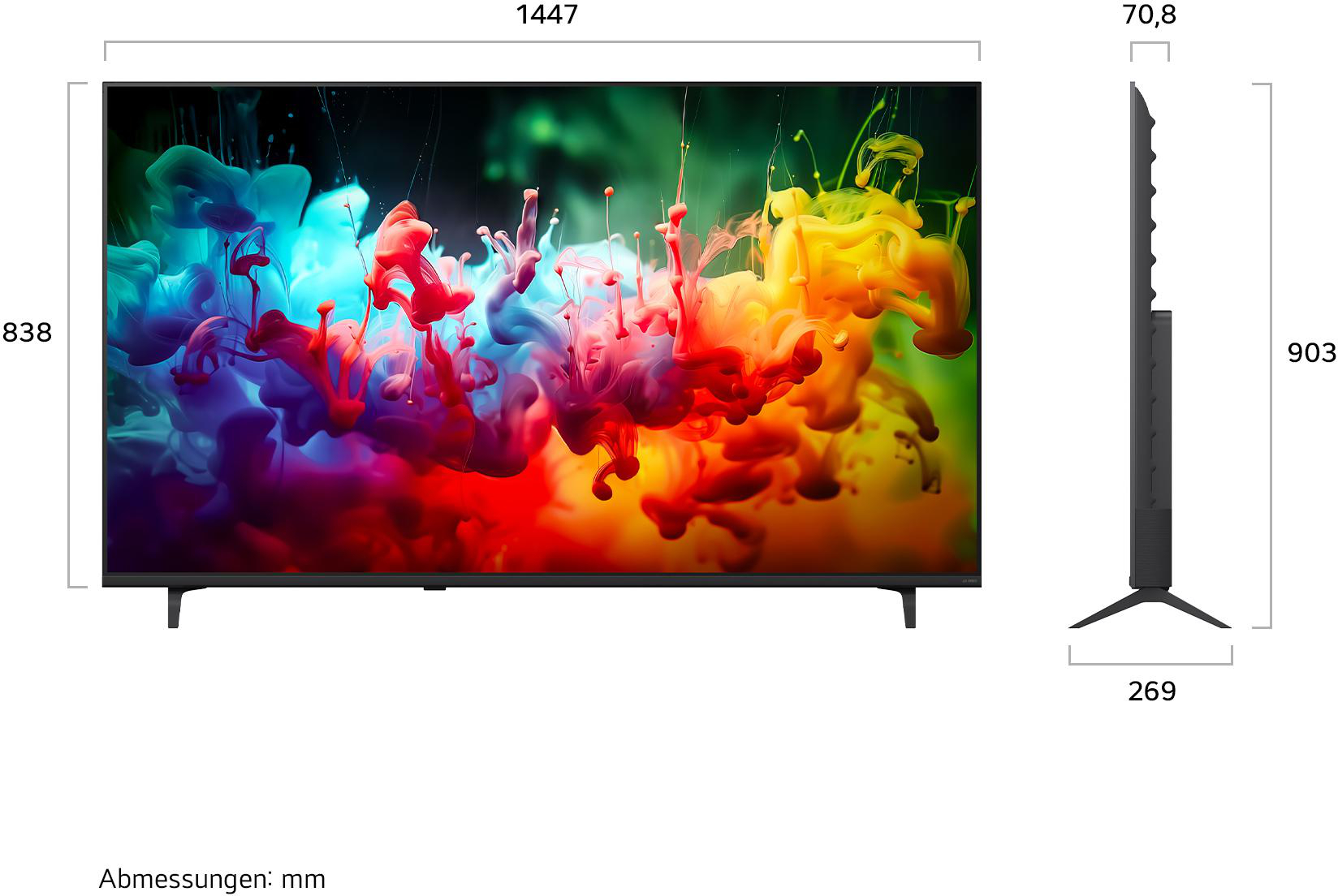 Ein moderner Fernseher mit lebendigen Farben und abgebildeten Maßen.