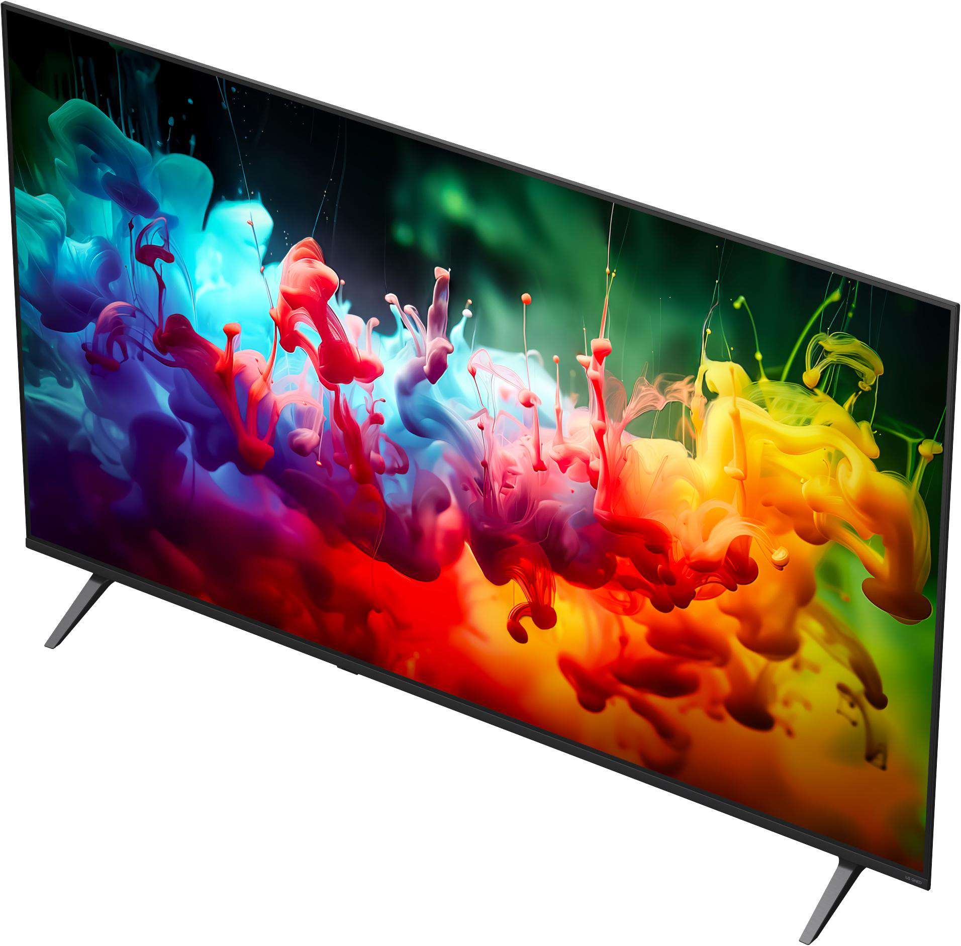 Ein moderner Fernseher mit einem lebendigen, abstrakten Bild aus sich vermischender Farbe.