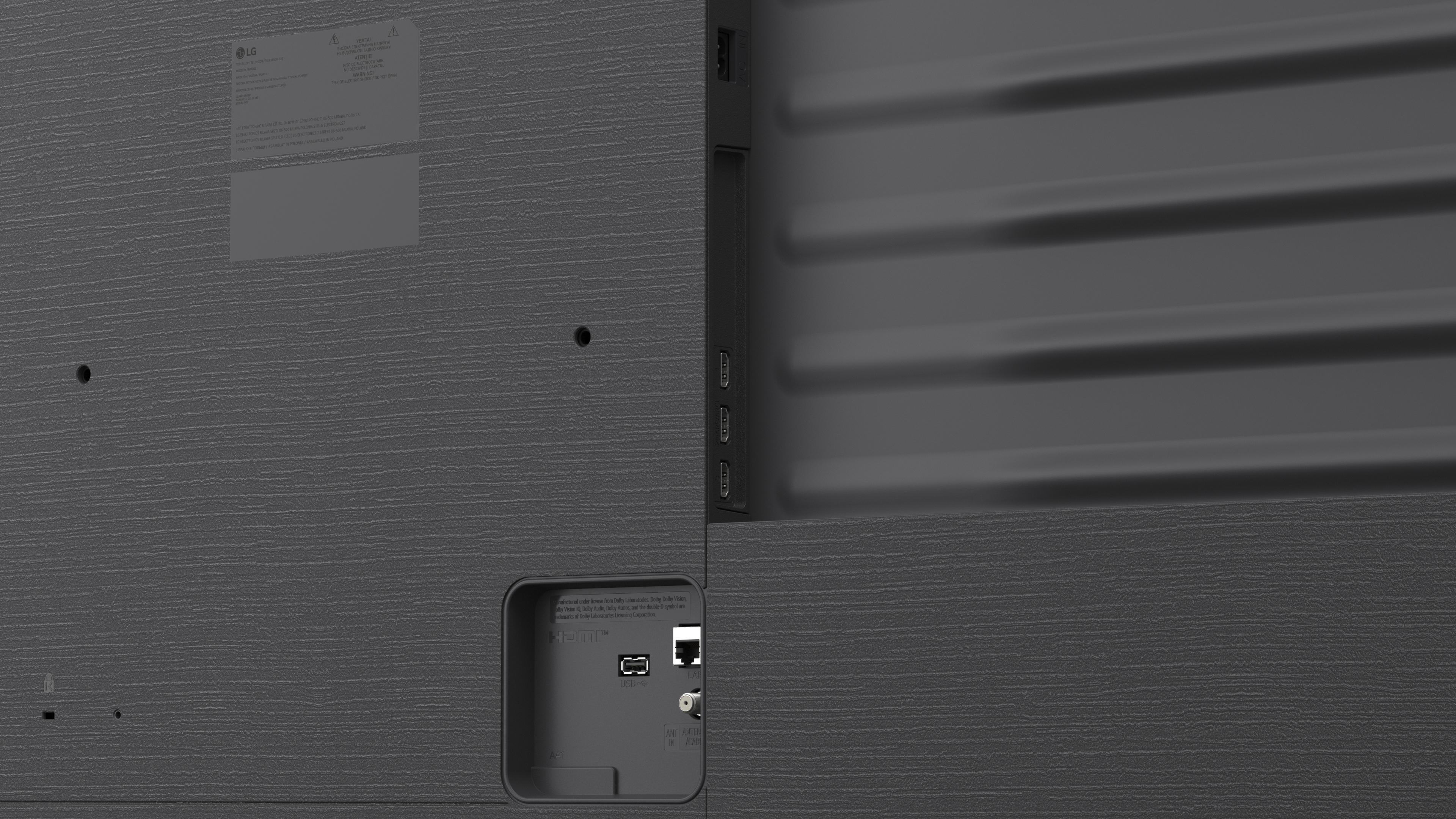 Rückseite eines Fernsehers mit Anschlüssen wie HDMI, USB und LAN.