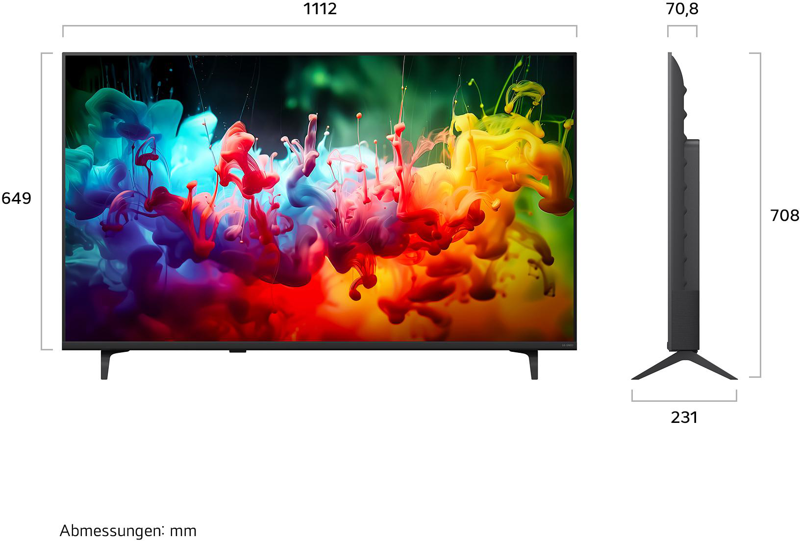 Ein großer TV-Bildschirm zeigt bunten Rauch. Angezeigte Maße: 1112mm Breite, 649mm Höhe, 70,8mm Tiefe, 708mm Höhe, 231mm Sockeltiefe.