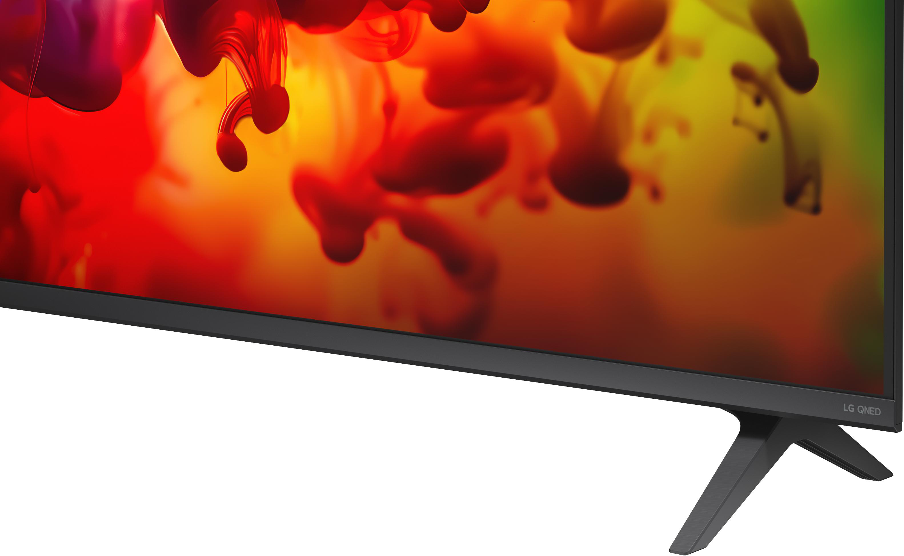 Ein LG QNED Fernseher mit einem bunten Hintergrund aus flüssigen Farben.