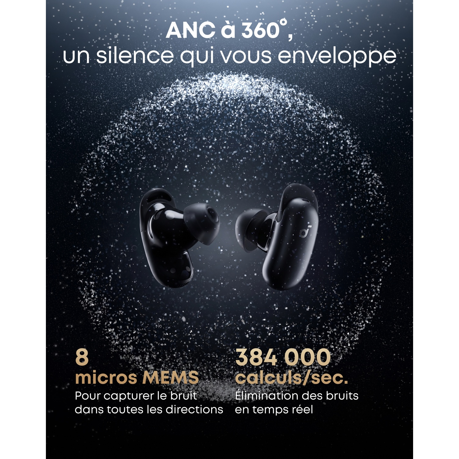 Écouteurs noirs avec 8 micros MEMS, 384.000 calculs/sec pour réduction de bruit.