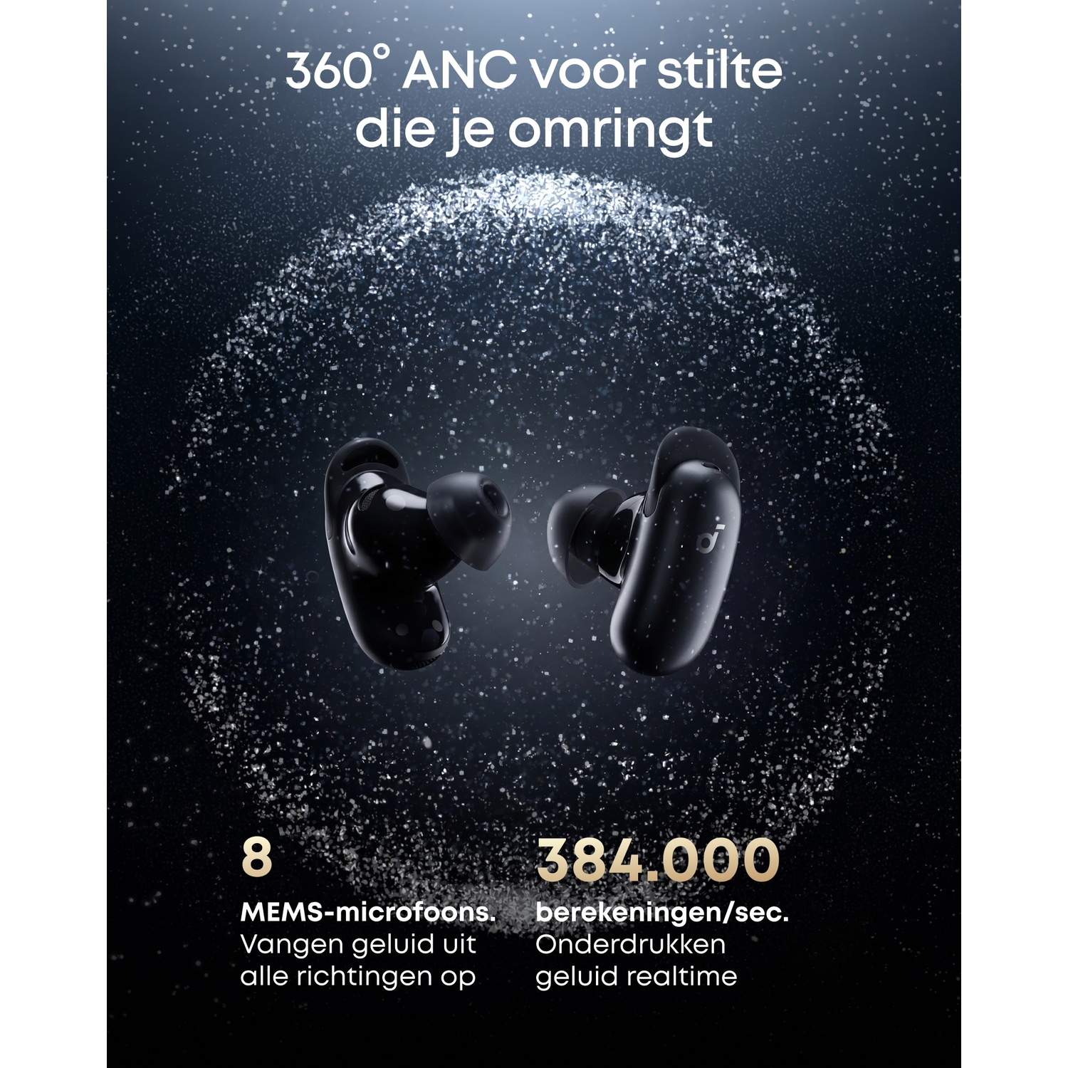 Zwarte oordopjes met glitter op donkere achtergrond.