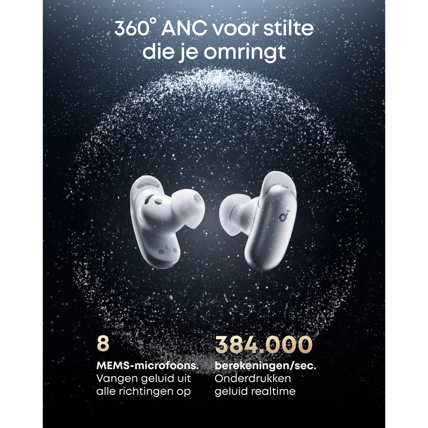 Twee witte draadloze oordopjes op donkere achtergrond met glinsterende deeltjes.