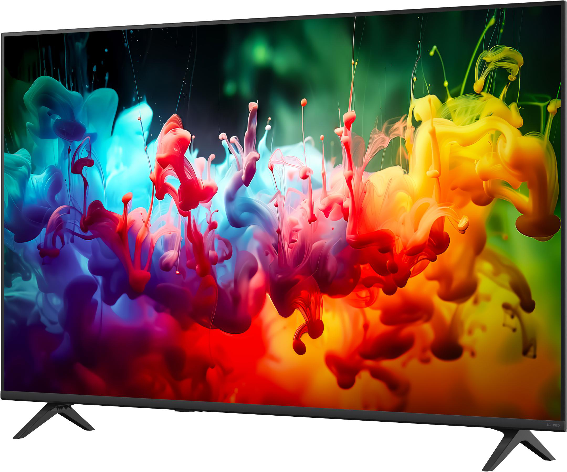 Ein moderner Fernseher mit einem bunten Farbnebel-Hintergrund, der wie Tinte in Wasser aussieht.