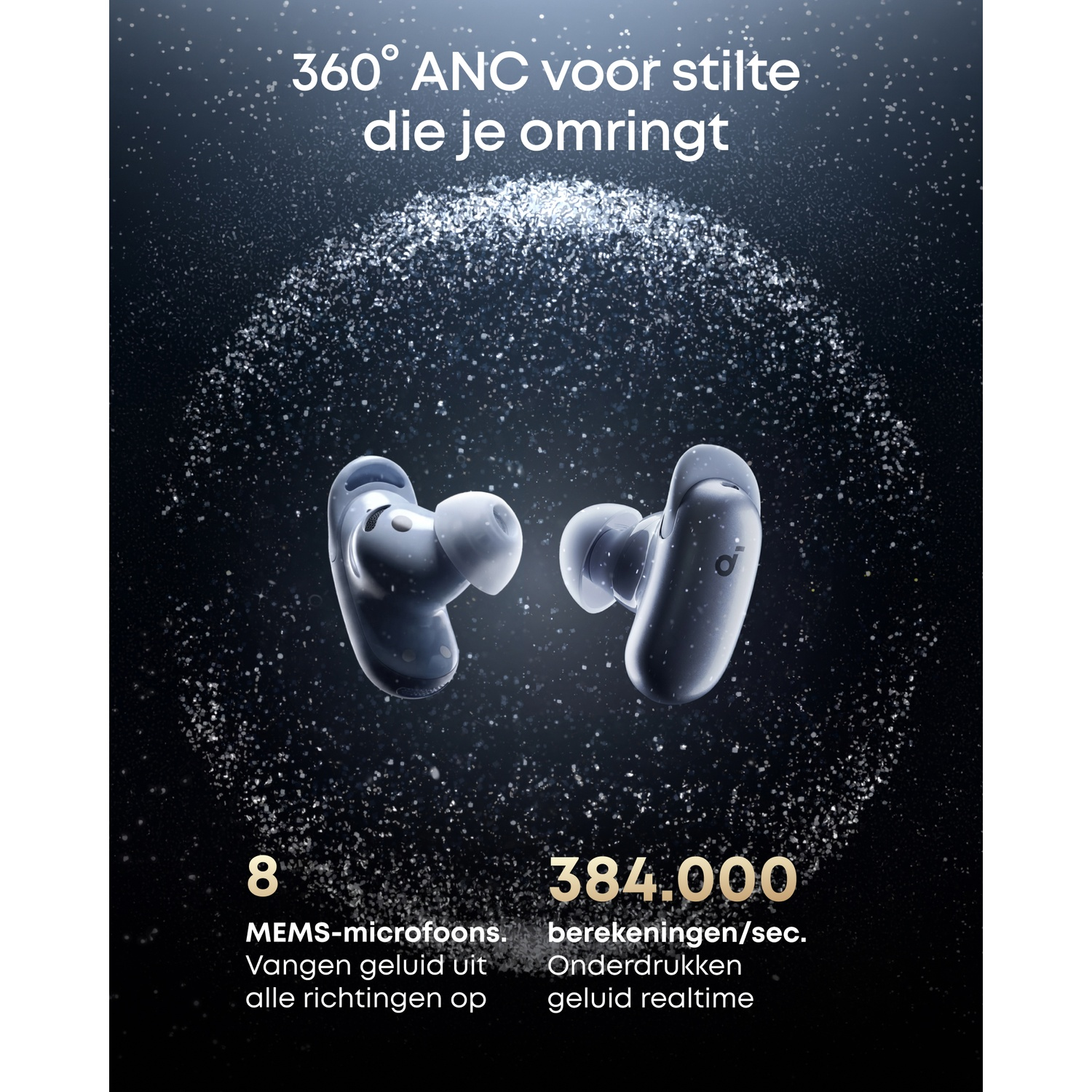 Twee grijze draadloze oordopjes met glitterdeeltjes, 360° ANC.