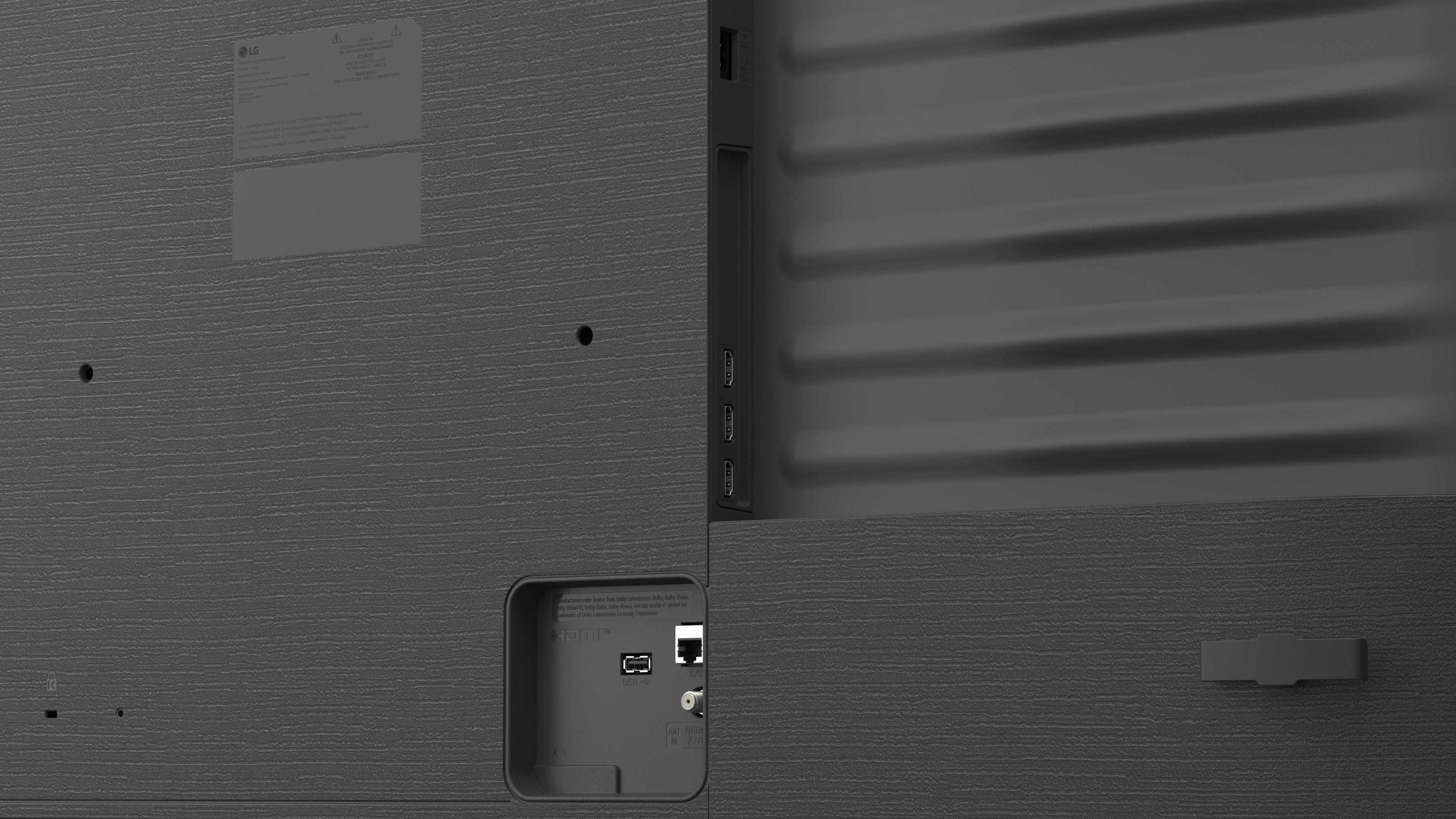 Rückseite eines Fernsehers mit Anschlüssen wie HDMI, USB, LAN und Antenne.
