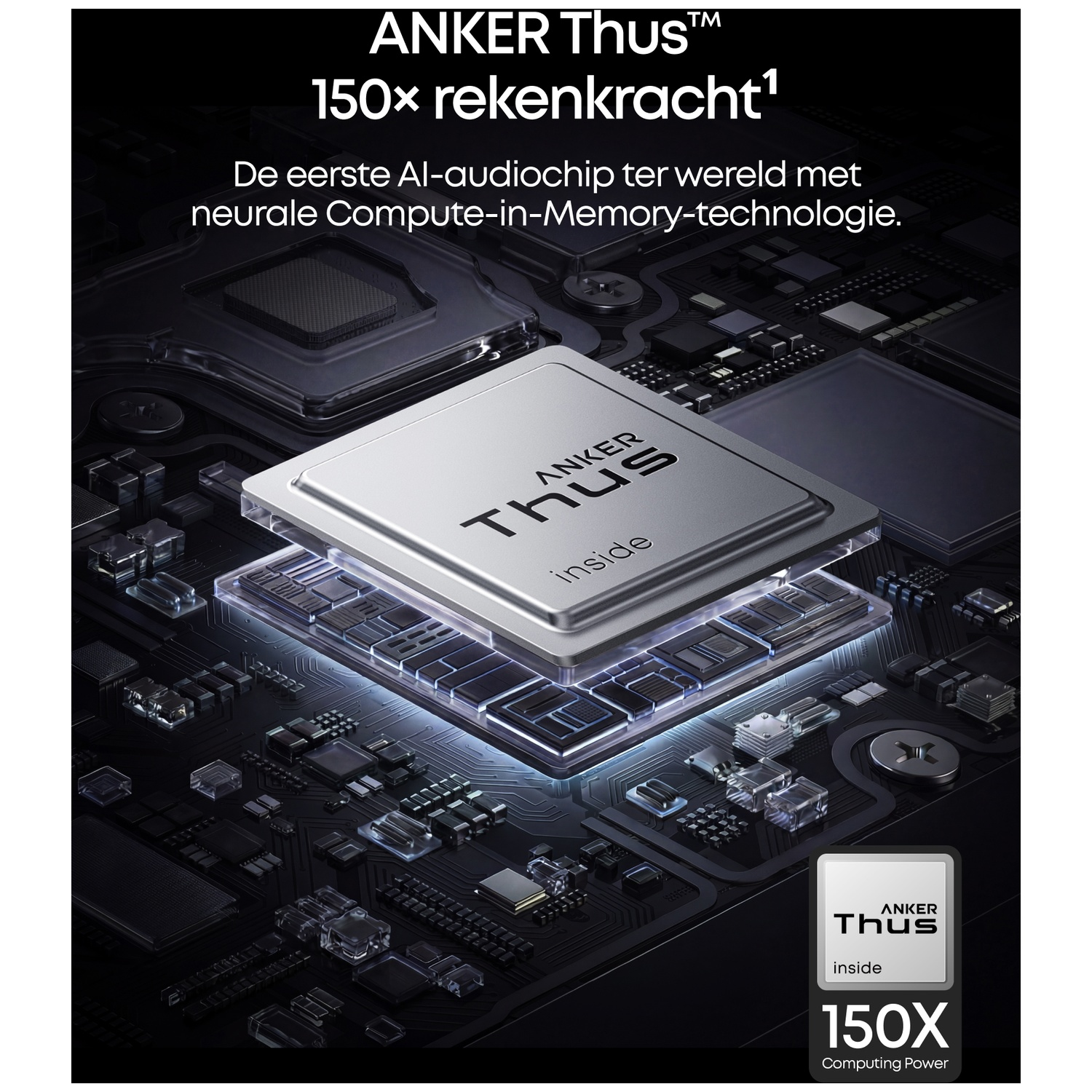 Close-up van een computerchip met het label ANKER Thus op een printplaat.