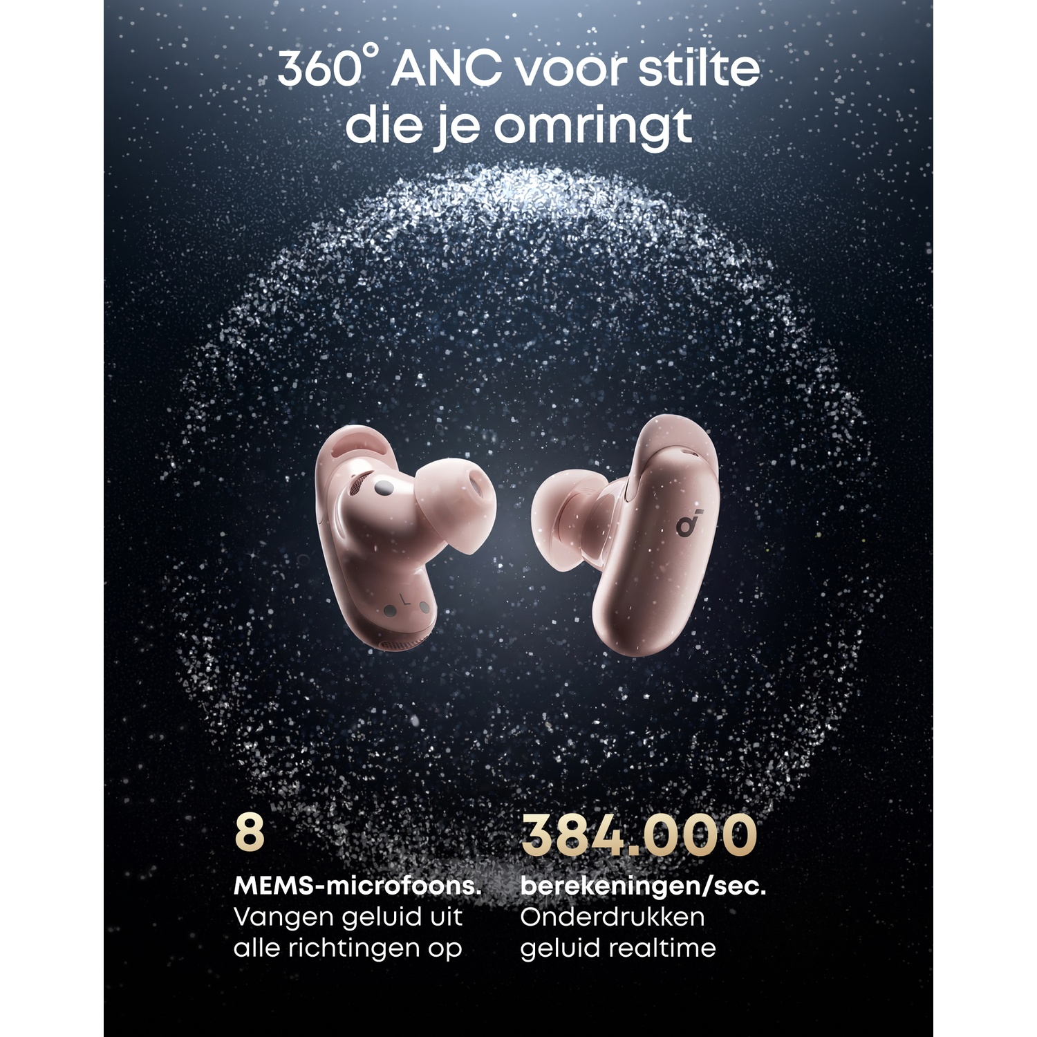 Twee roze draadloze oordopjes met 360° ANC en sprankelende deeltjes.