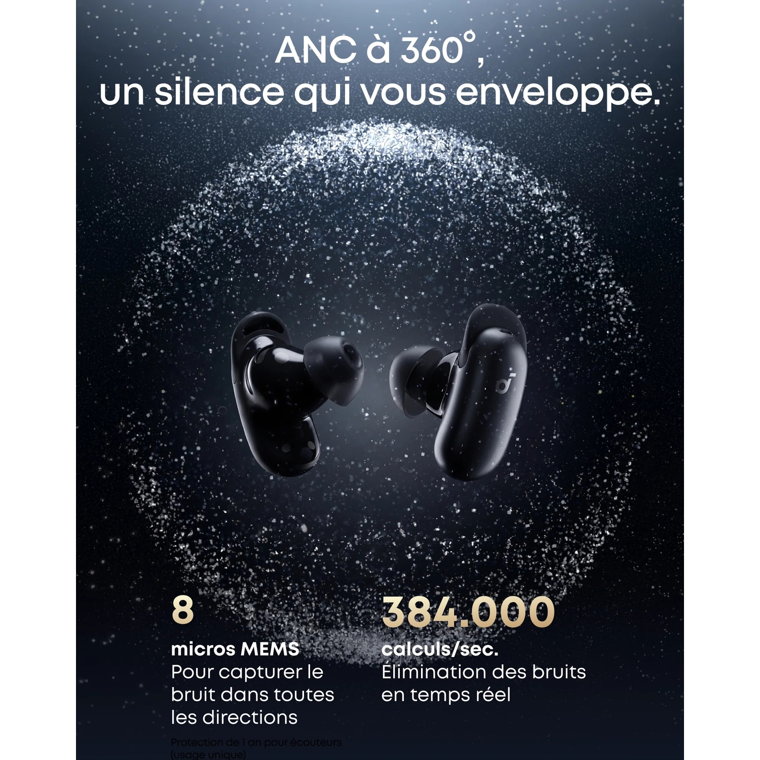 Écouteurs noirs avec ANC 360°, 8 micros MEMS et 384k calculs/sec.