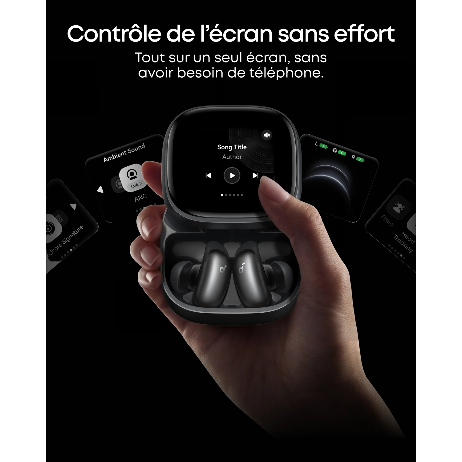 Une main tient des écouteurs dans un étui de chargement, avec des écrans de téléphone en arrière-plan.