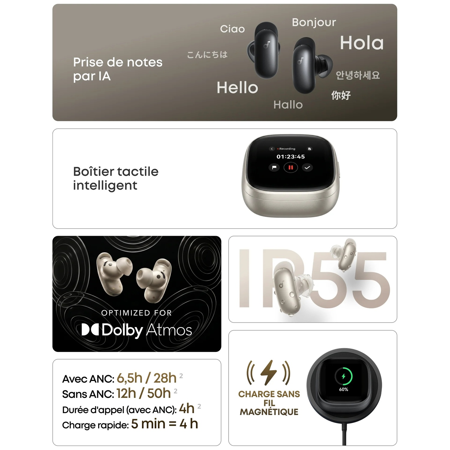 Collage d'écouteurs, d'étui de chargement et de note IP55. Comprend un étui intelligent, Dolby Atmos.