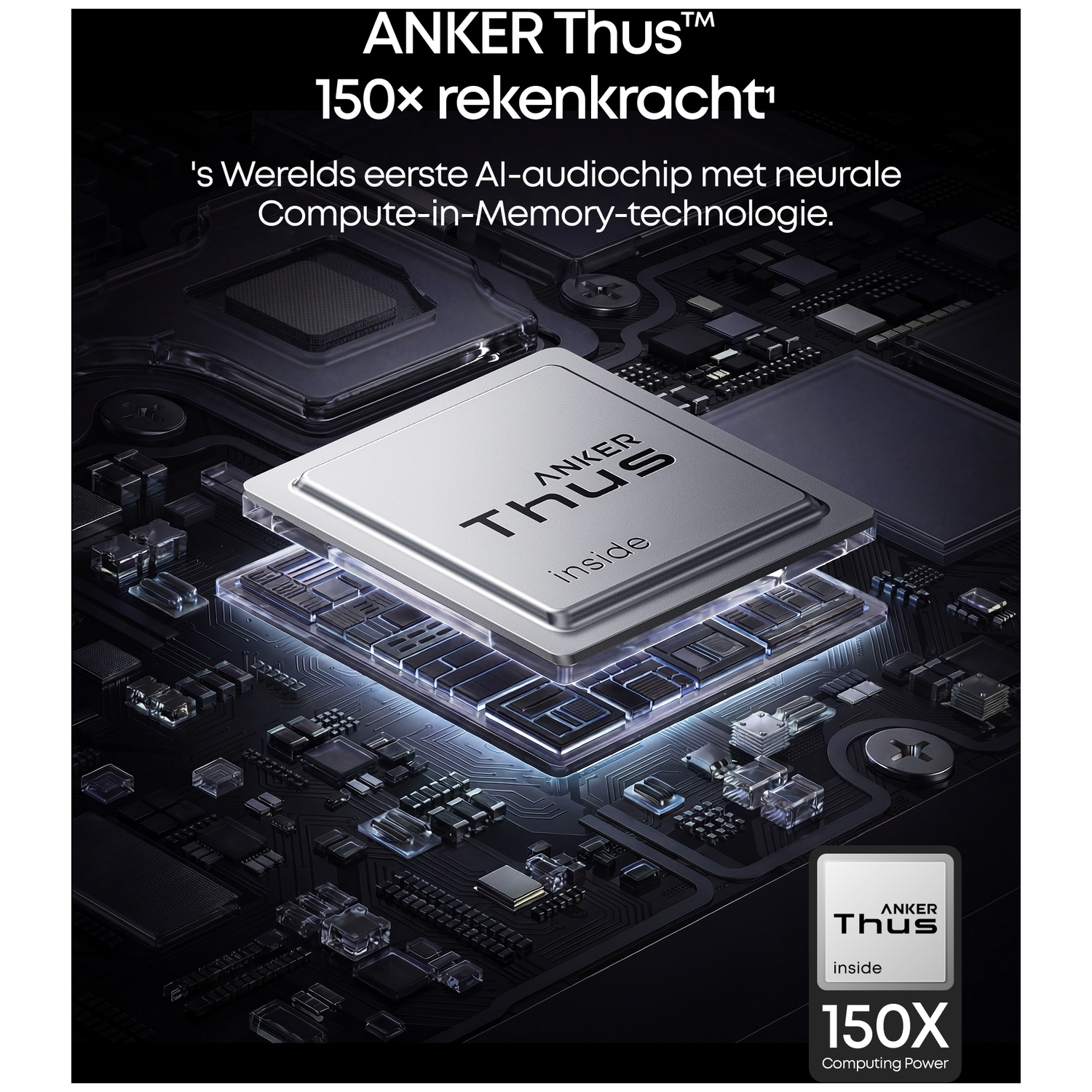 Een zilveren computerchip met ANKER Thus logo op een donkere printplaat.
