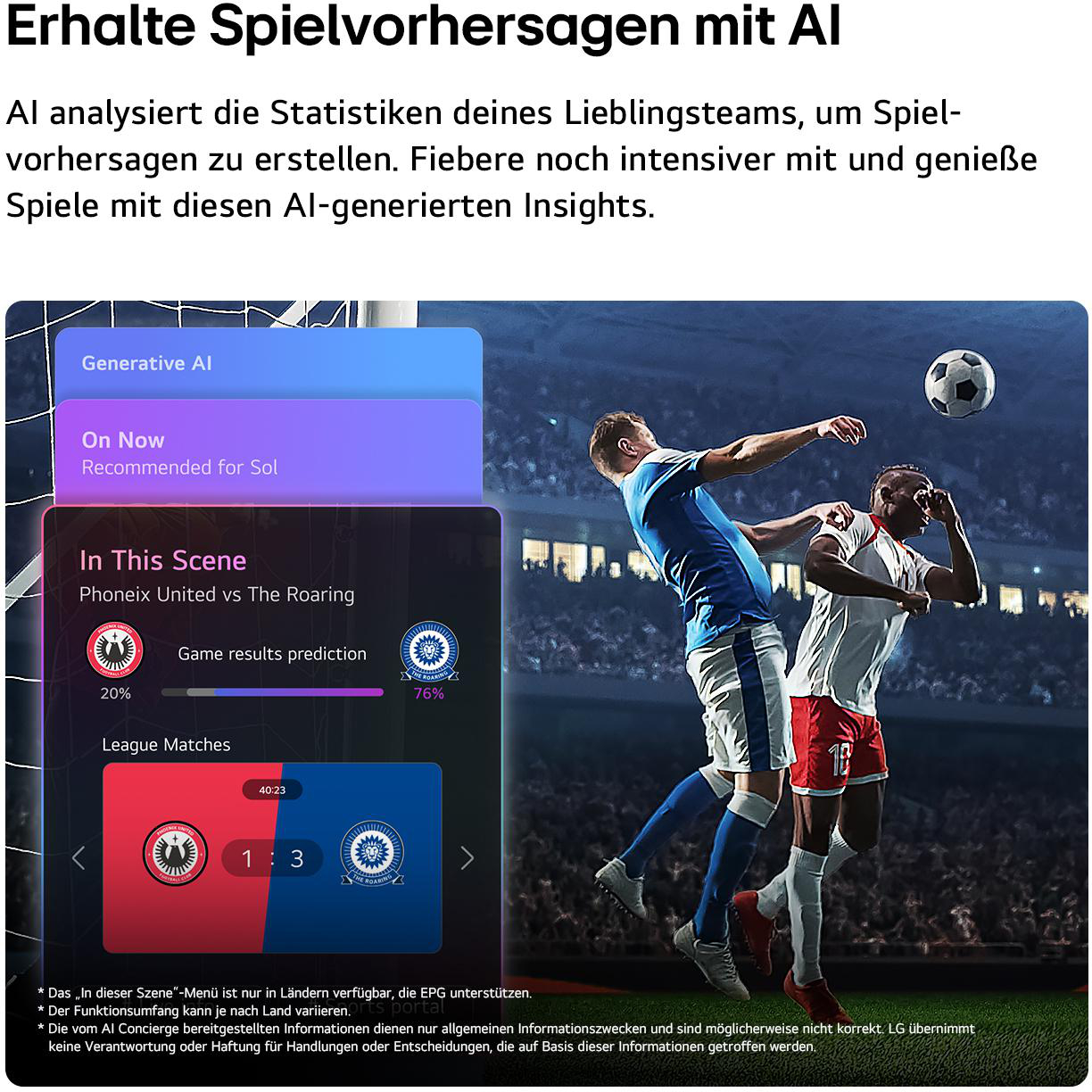 Fußballspielszene mit KI-Vorhersage-Overlay. Zwei Spieler kämpfen um den Ball.
