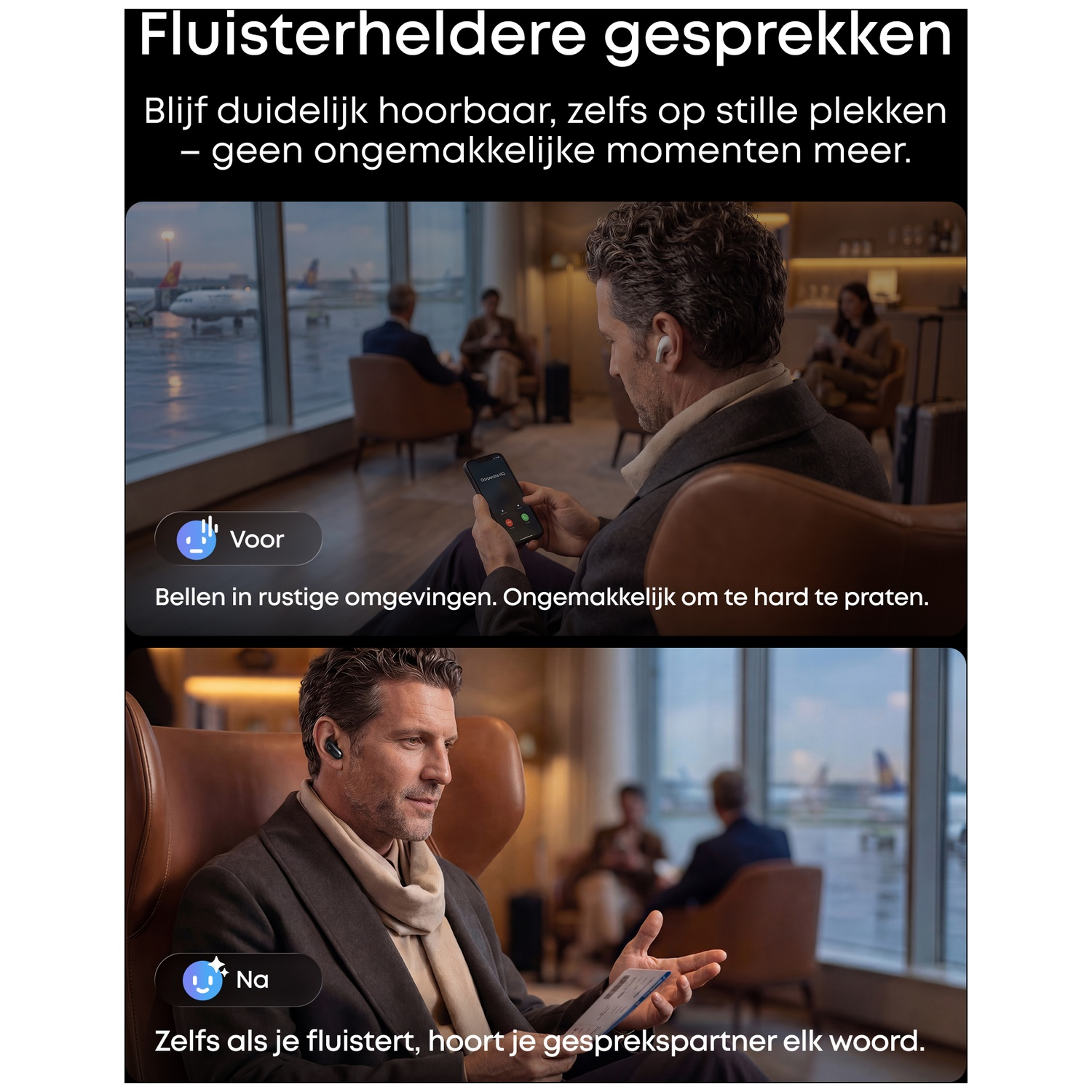 Man in lounge op vliegveld aan telefoon met oordopjes.