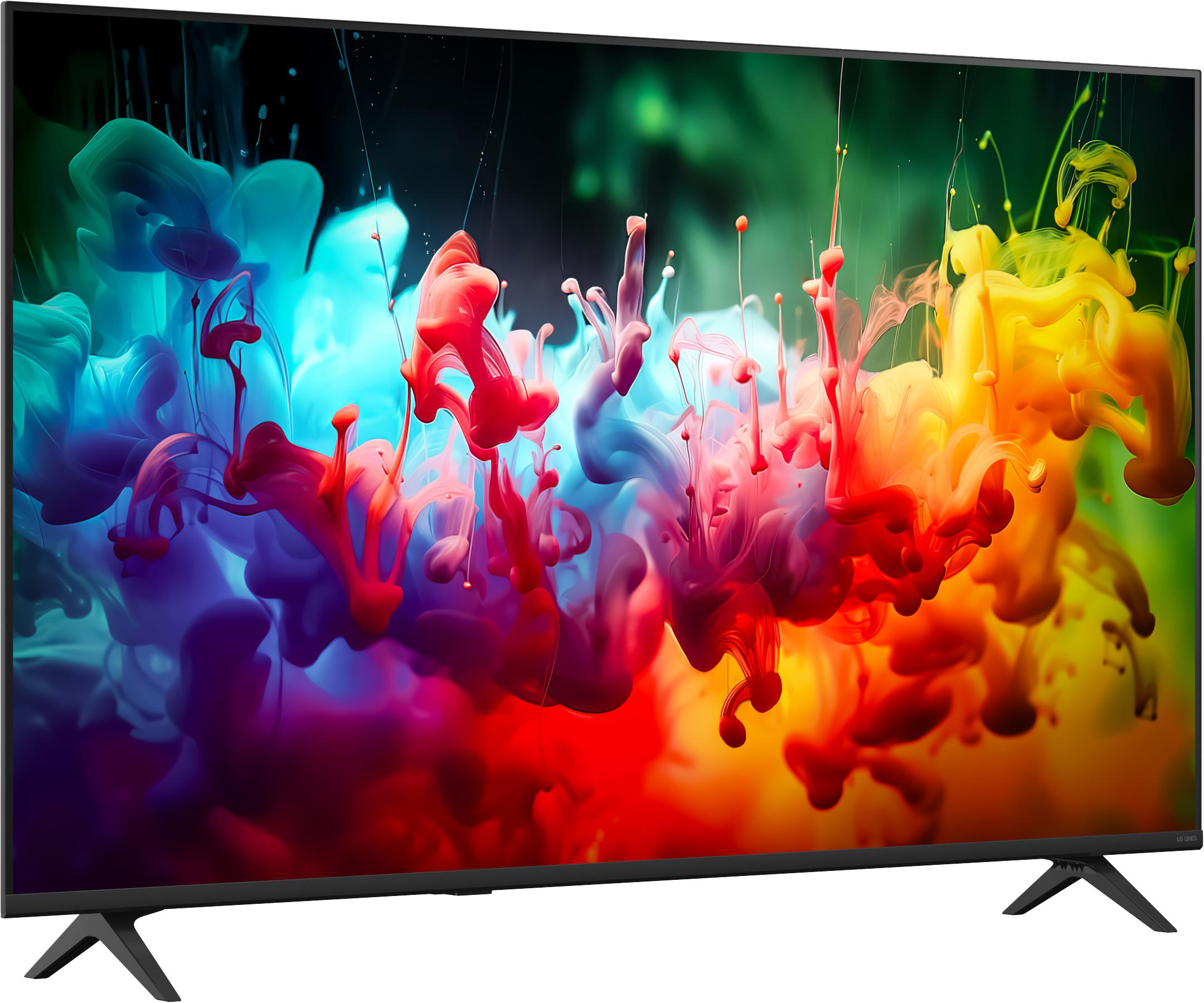 Ein schwarzer Fernseher zeigt bunte Farbexplosionen in Blau, Rot und Gelb.