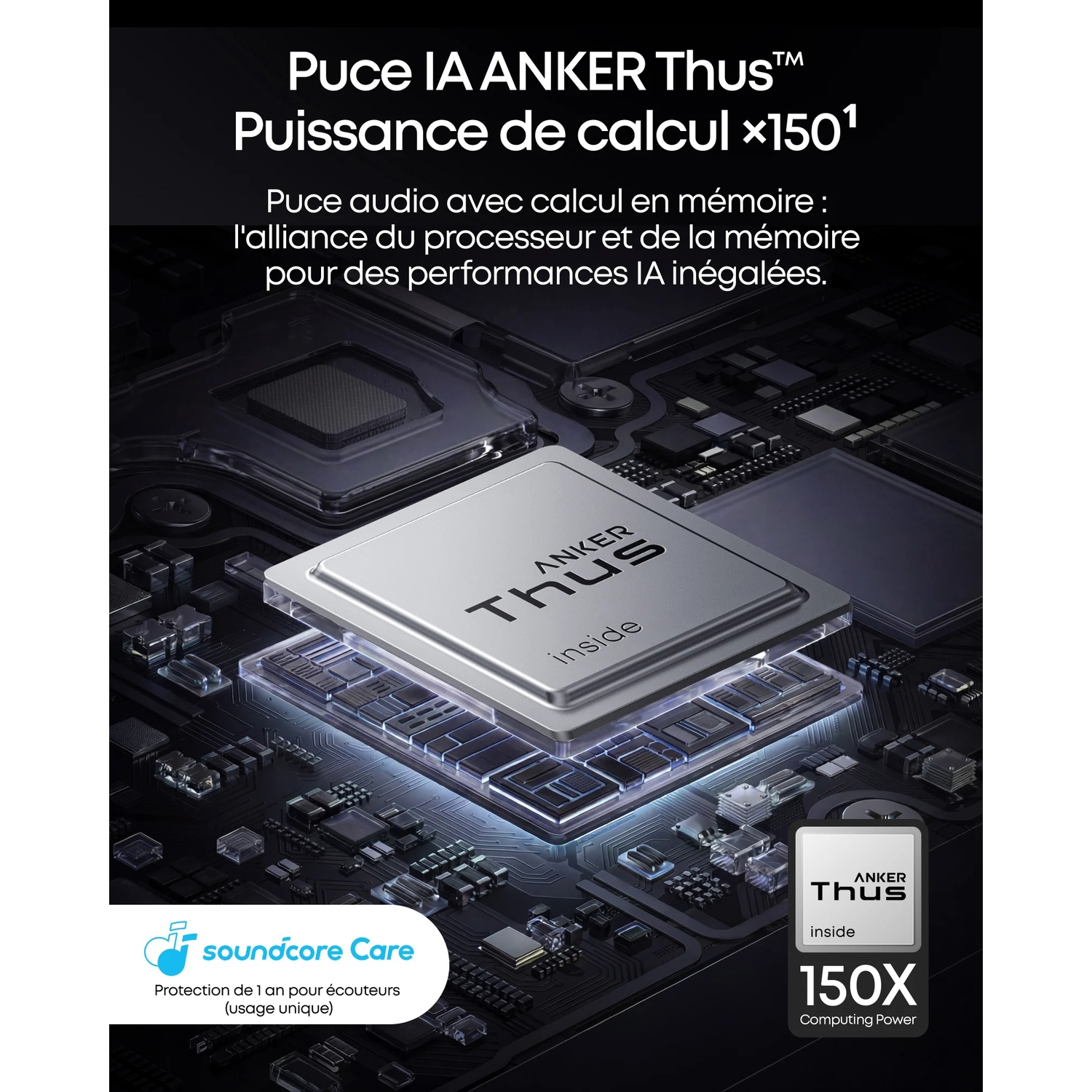 Une puce argentée avec logo ANKER Thus sur carte mère. Puissance de calcul 150X.