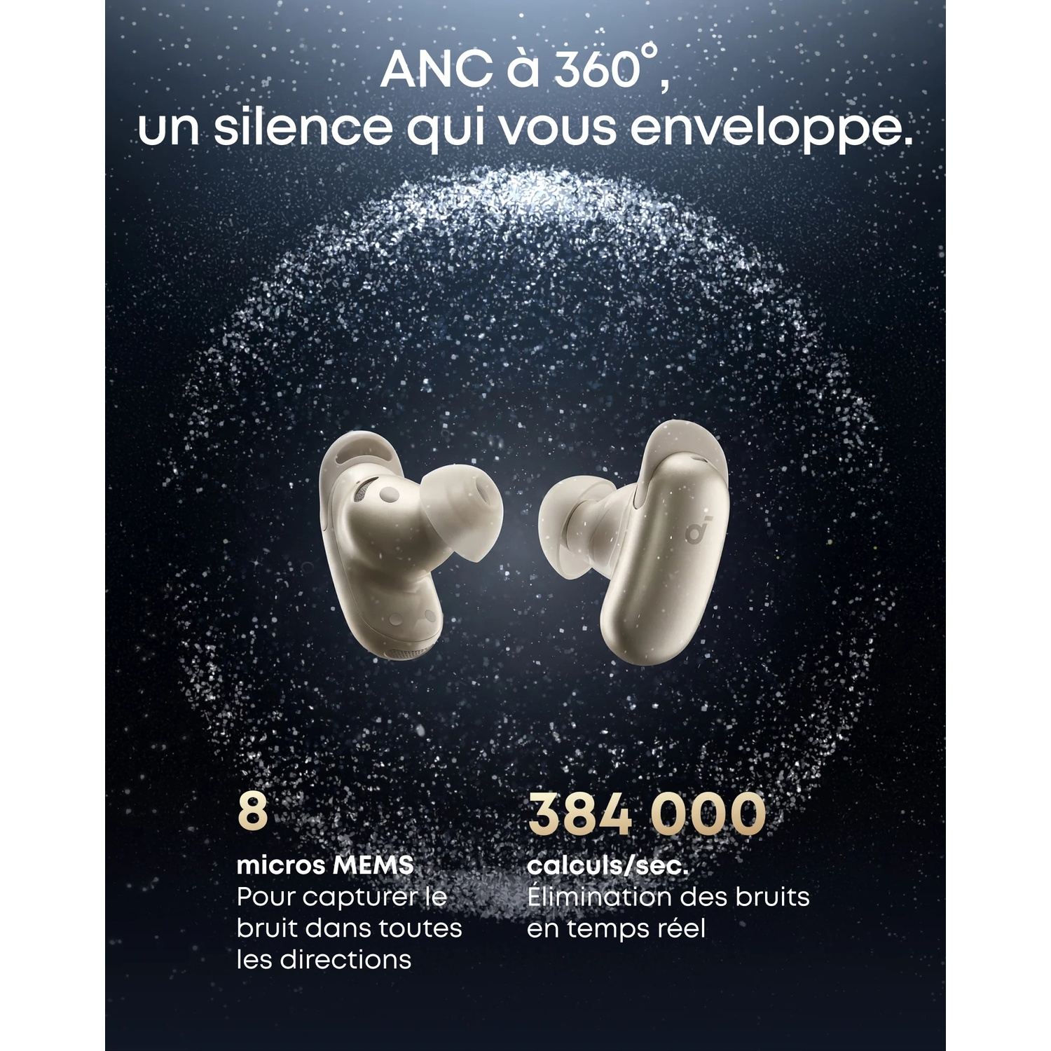 Deux écouteurs dorés avec technologie ANC, 8 micros MEMS et 384 000 calculs/sec.