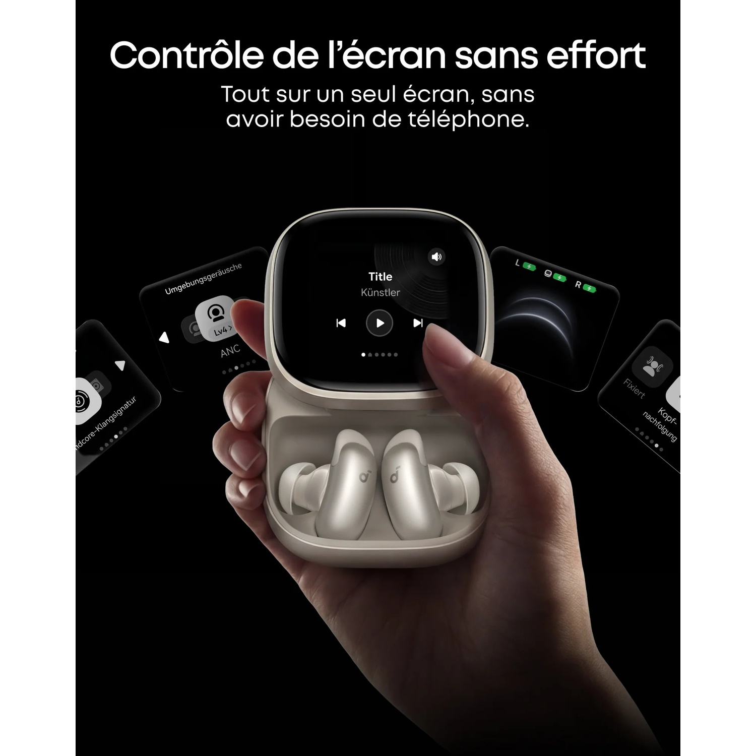 Une main tient une paire d'écouteurs blancs dans un étui de chargement. Plusieurs écrans flottants affichent des menus d'applications.