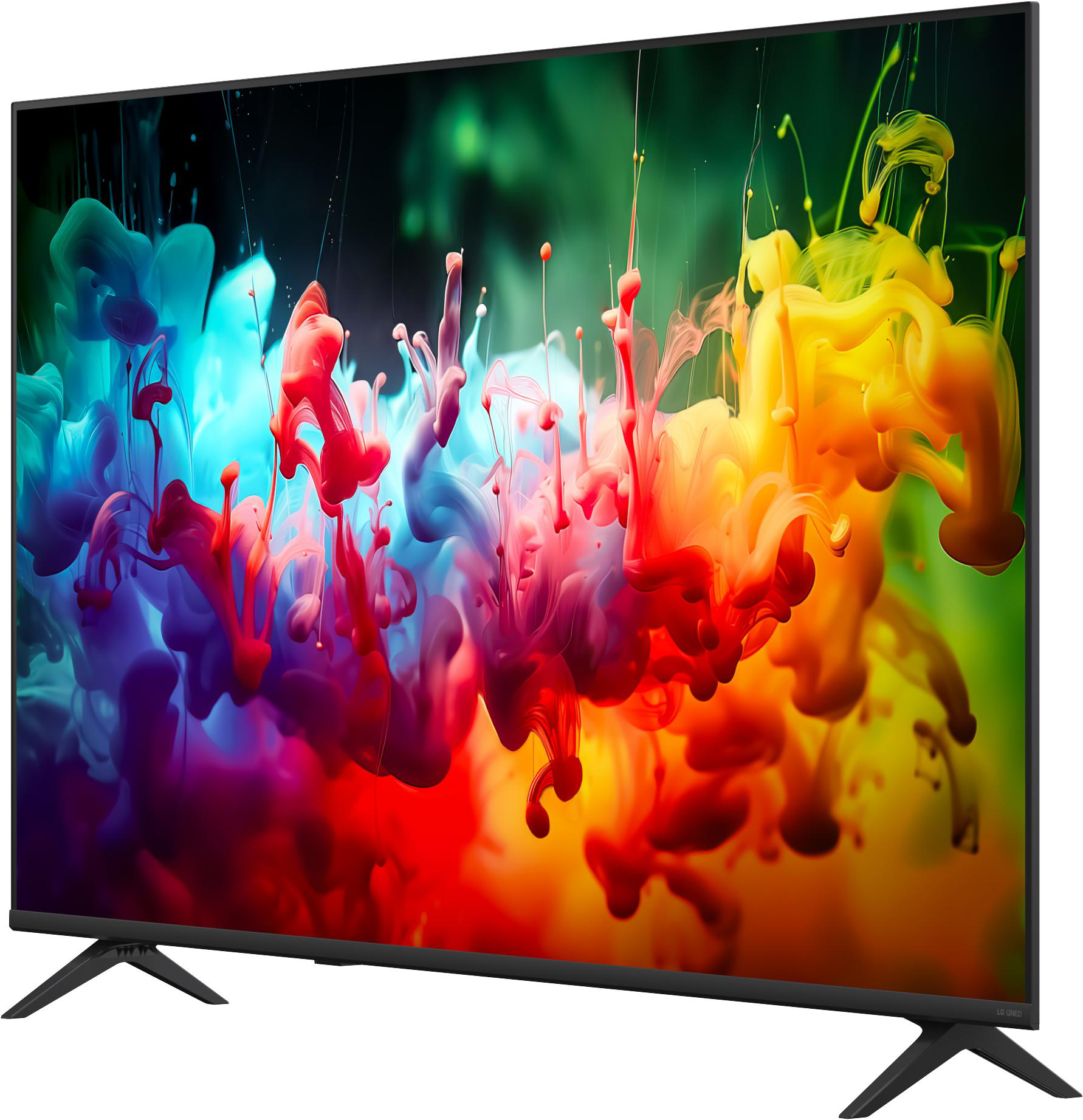 Ein moderner schwarzer Fernseher zeigt lebendige Farben, die wie Rauch aussehen.