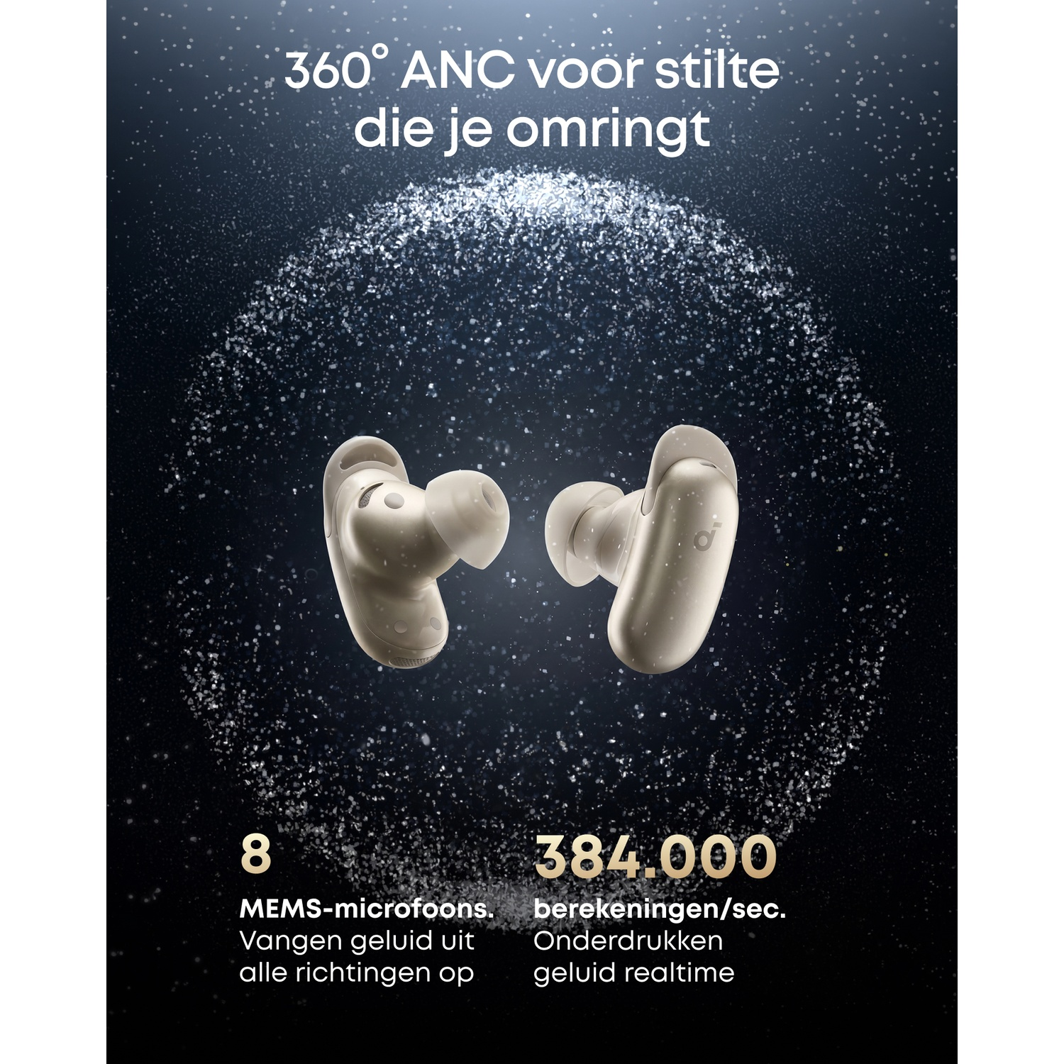 Twee gouden draadloze oordopjes met 360° ANC, 8 MEMS-microfoons.