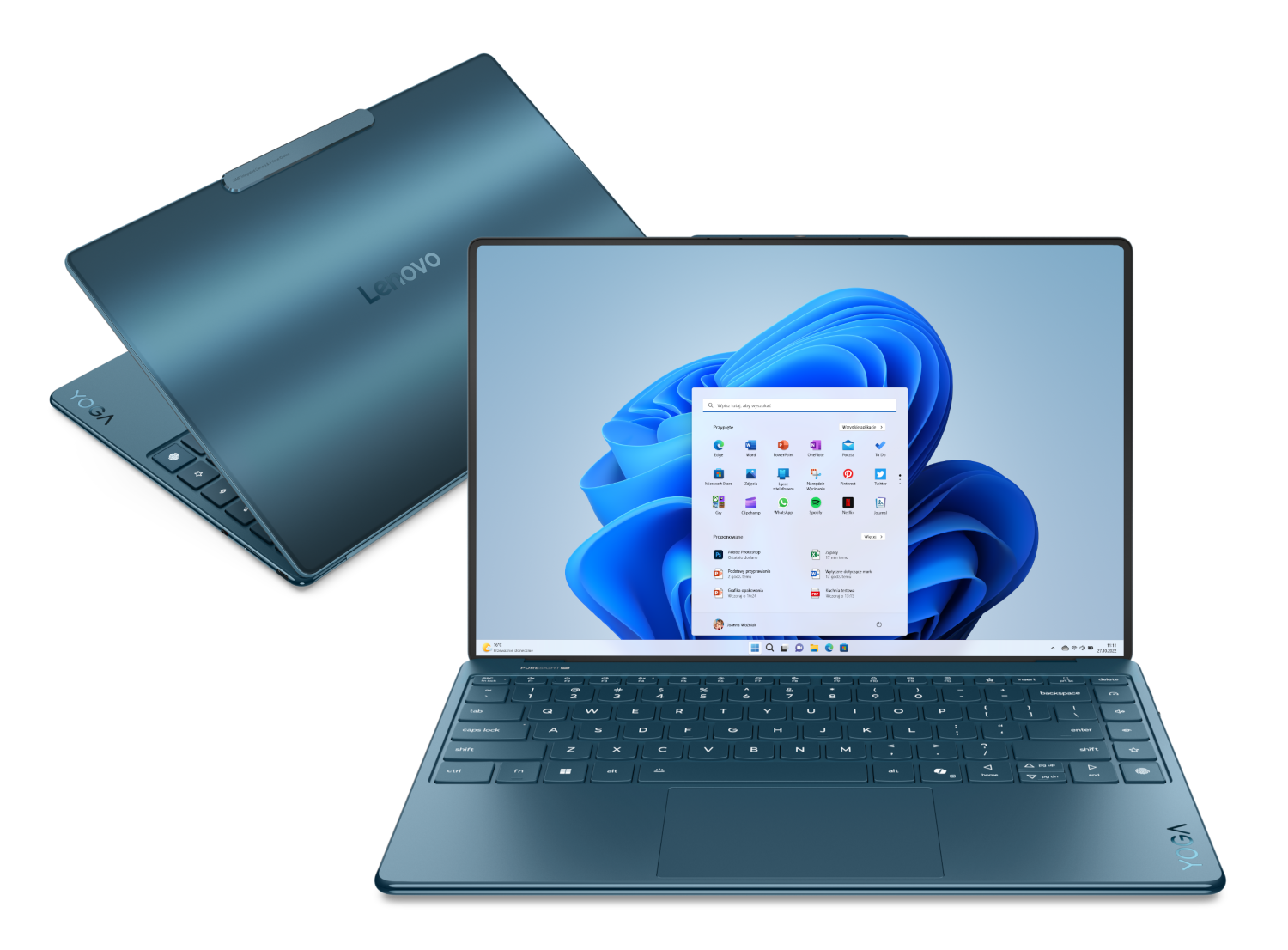 Niebieski laptop Lenovo Yoga z otwartym menu Start Windows 11.