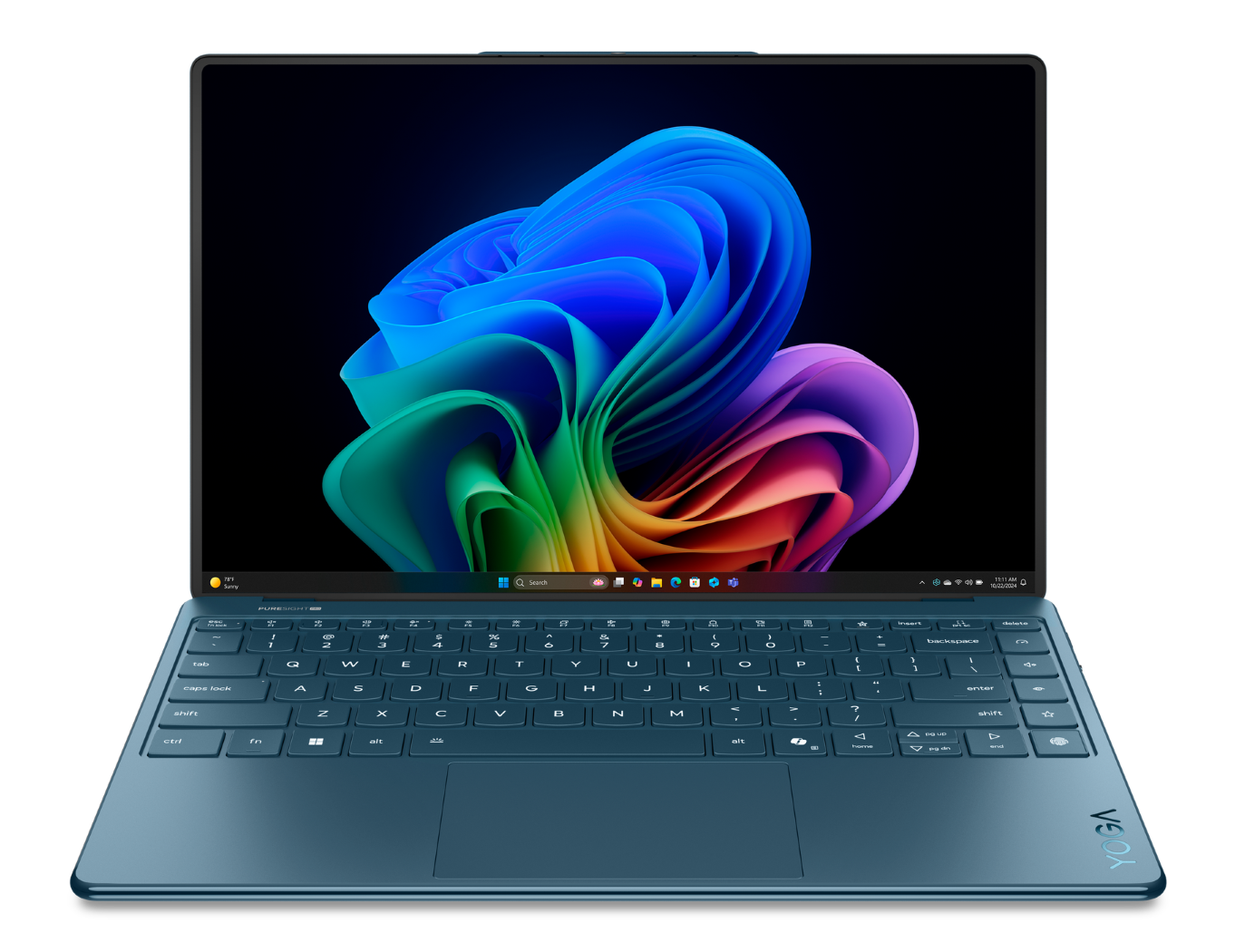 Niebieski laptop z kolorową, abstrakcyjną tapetą na ekranie.