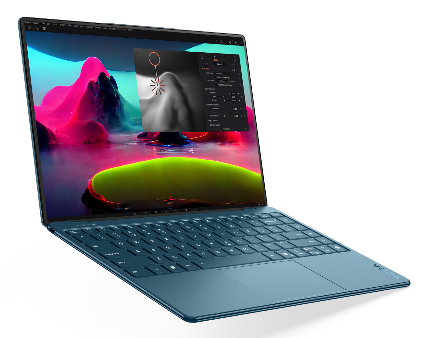 Niebieski laptop wyświetla kolorowy abstrakcyjny krajobraz i interfejs oprogramowania.