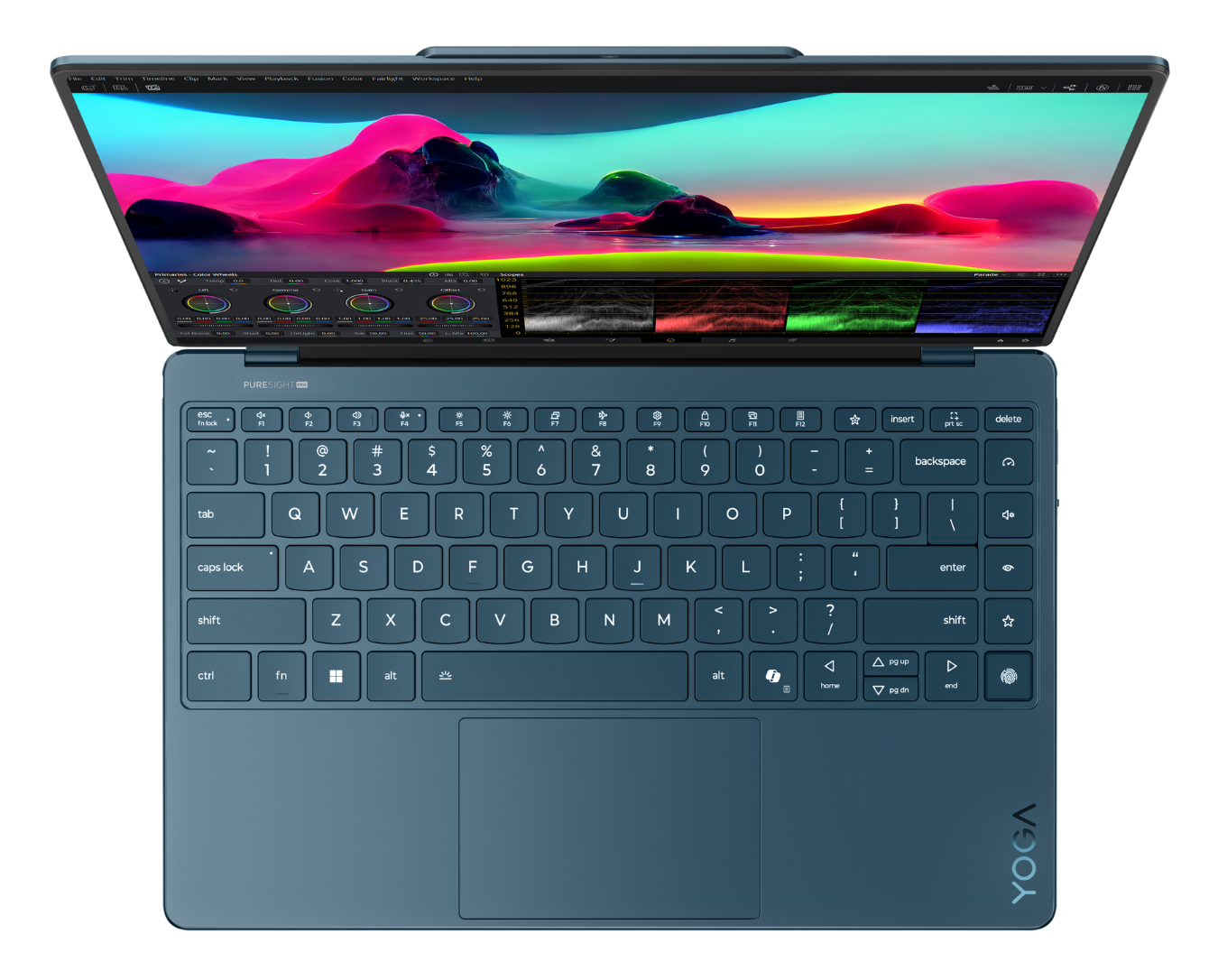 Otwarty niebieski laptop z kolorowym ekranem i klawiaturą.