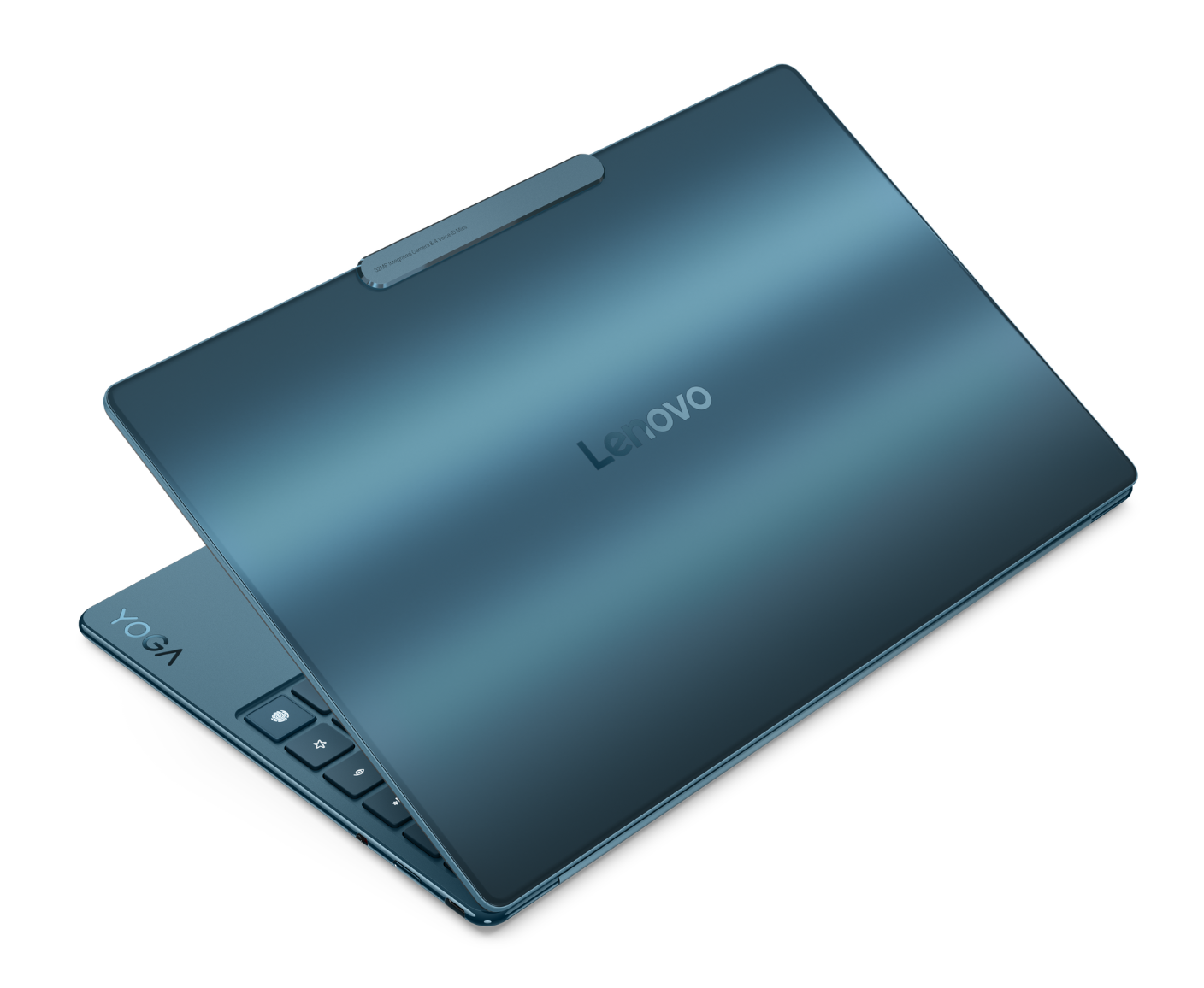 Zamknięty, niebieski laptop Lenovo Yoga na czarnym tle.