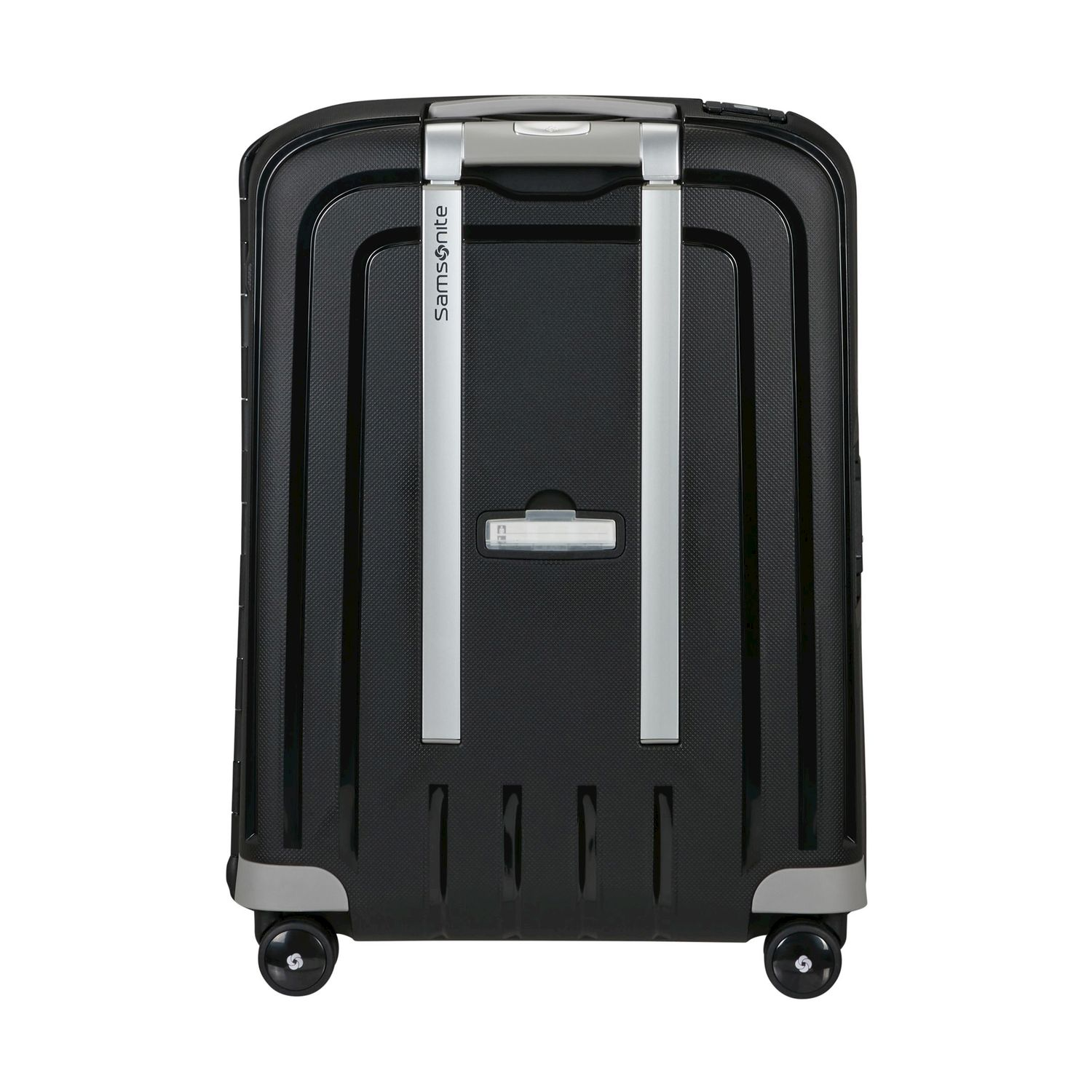 Valigia Samsonite nera con manico e ruote argentate.