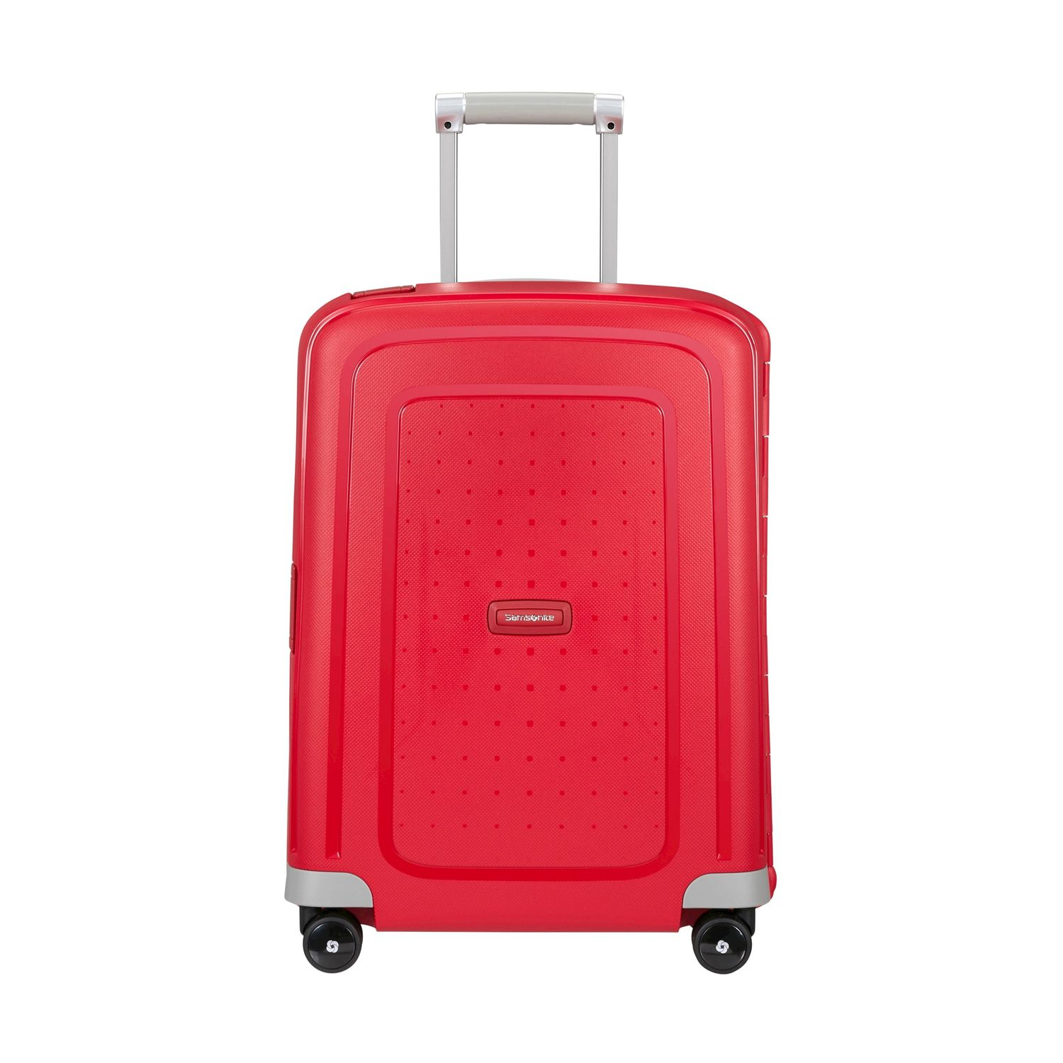 Una valigia rossa Samsonite con manico retrattile e ruote.