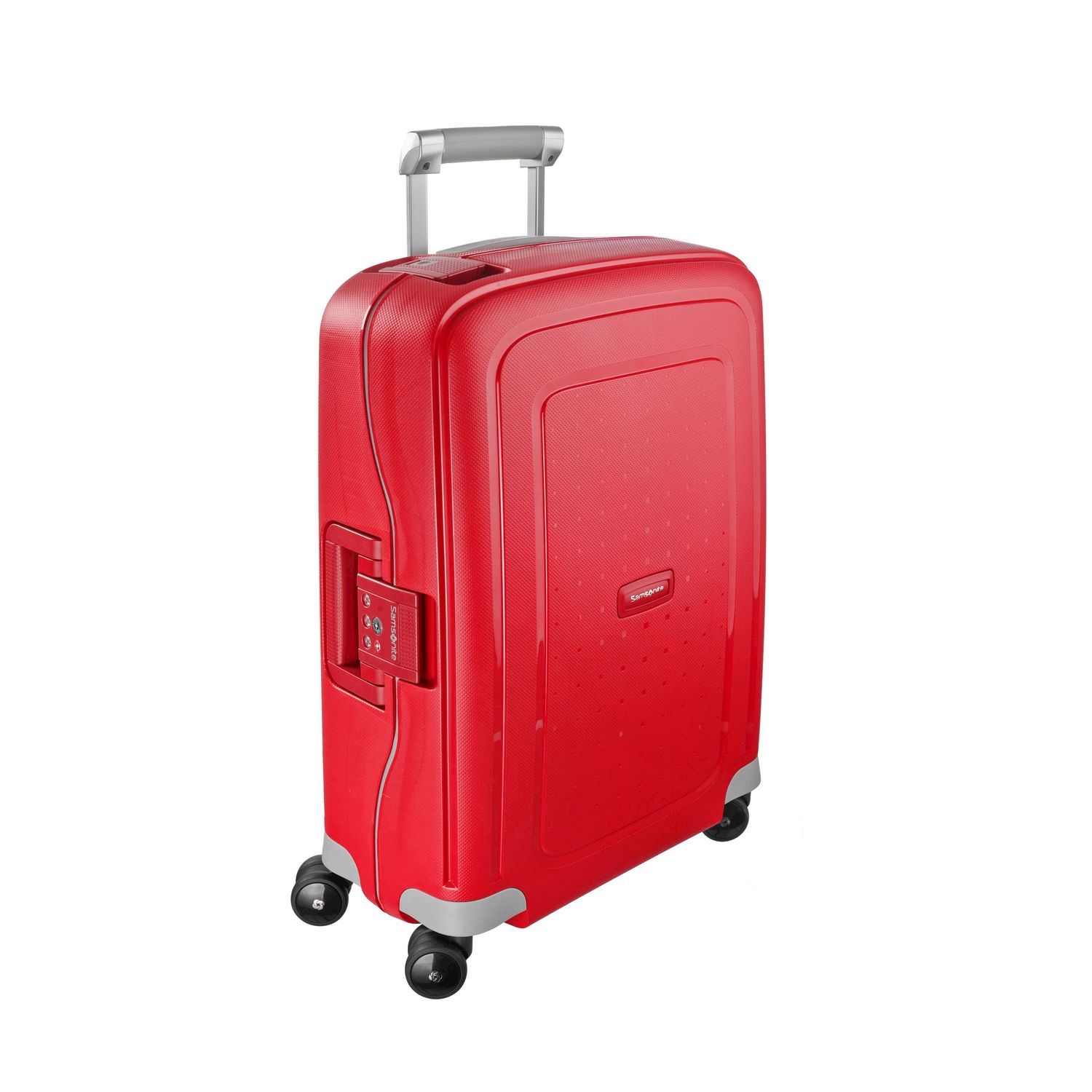 Una valigia Samsonite rossa con manico retrattile e quattro ruote.