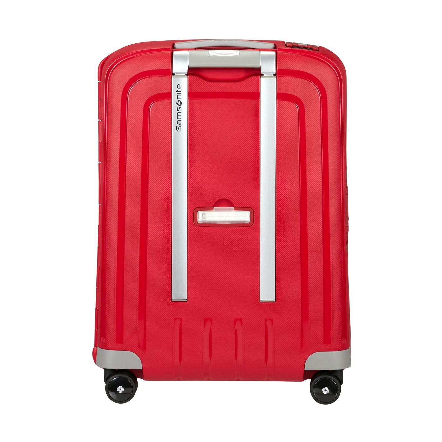 Valigia rossa Samsonite con manico argentato e ruote nere.