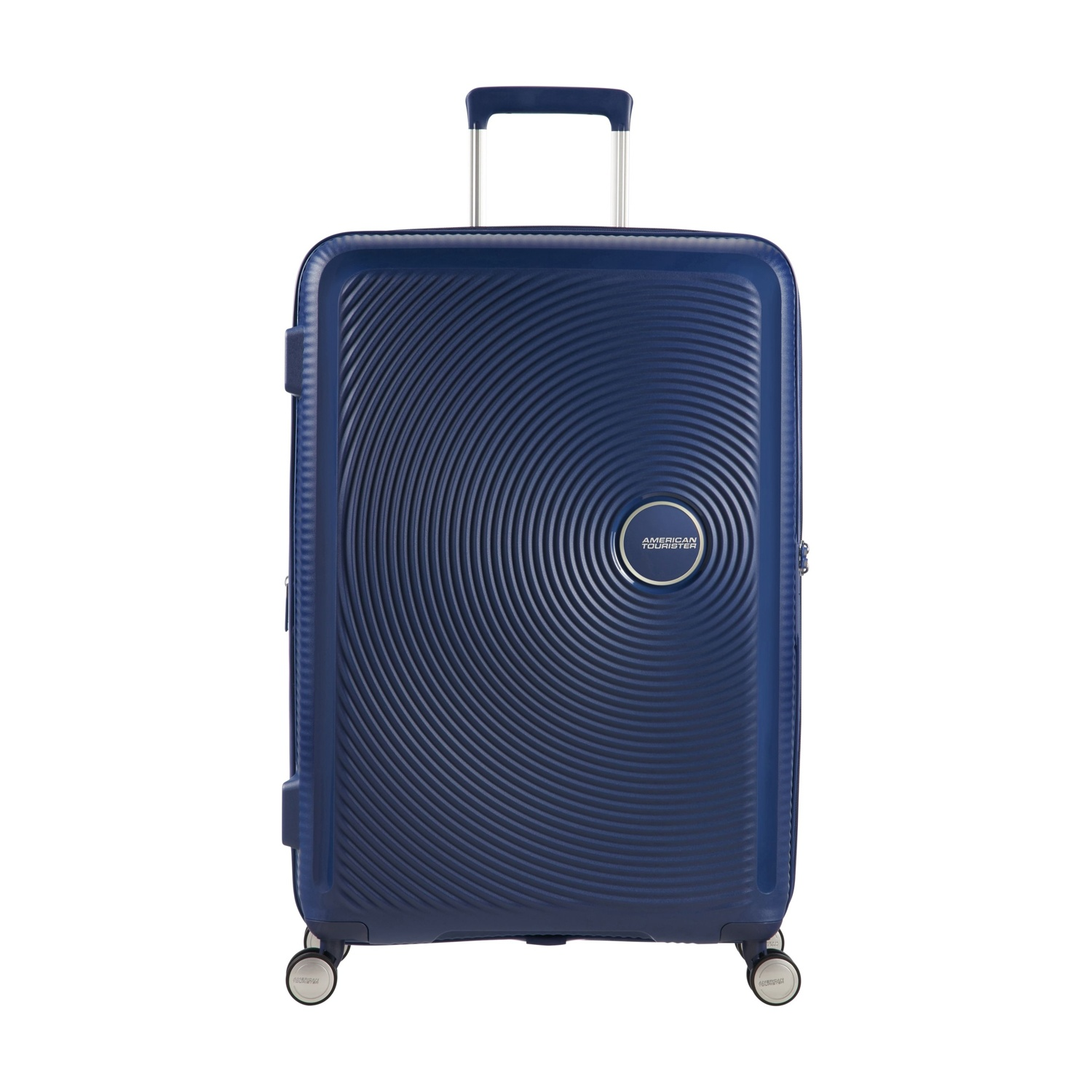 Valigia blu navy con ruote e manico retrattile, con motivo circolare.