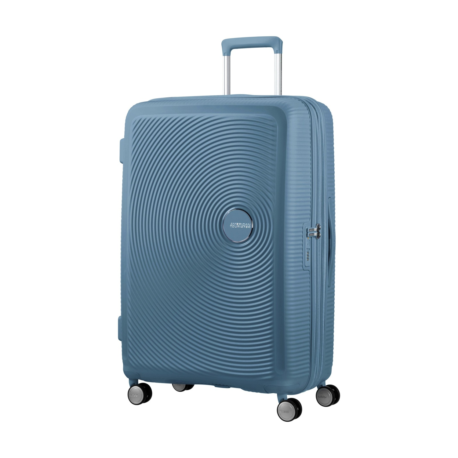 Un trolley blu con superficie testurizzata e ondulata e manico retrattile.