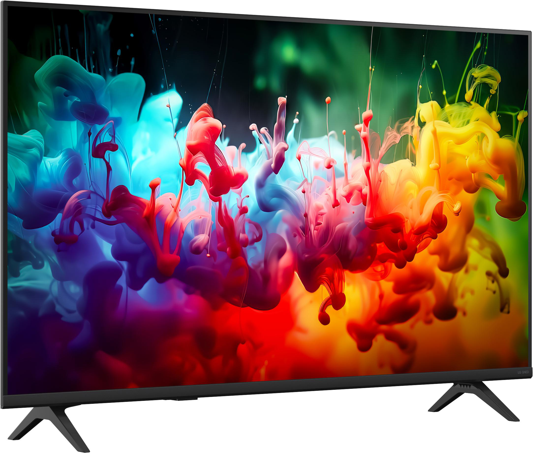 Ein moderner Fernseher zeigt lebendige Farben von sich auflösenden Tinten auf einem dunklen Hintergrund.