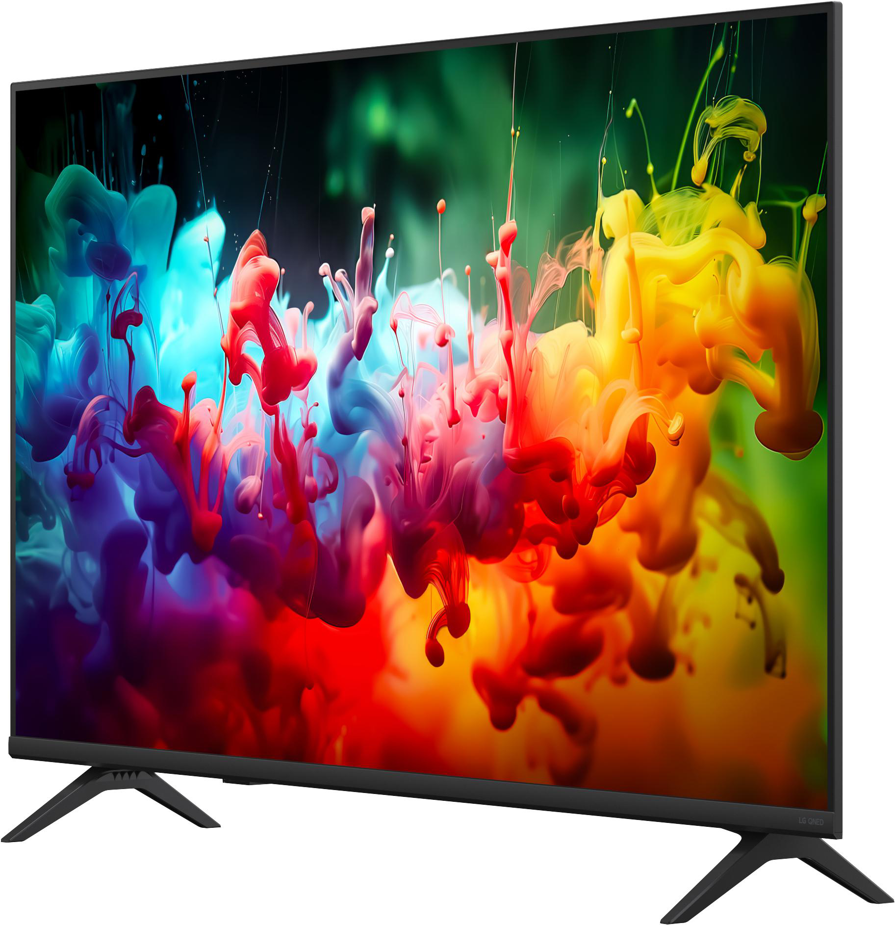 Ein Flachbildfernseher mit abstraktem, farbigem Tintenkunst-Display und schwarzem Ständer.