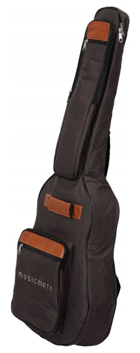 Brązowa torba na gitarę z brązowymi skórzanymi akcentami i zamkami.