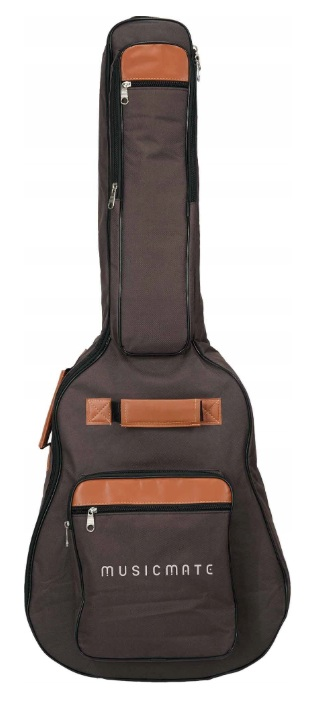 Brązowy futerał na gitarę z brązowymi skórzanymi akcentami i zamkami.